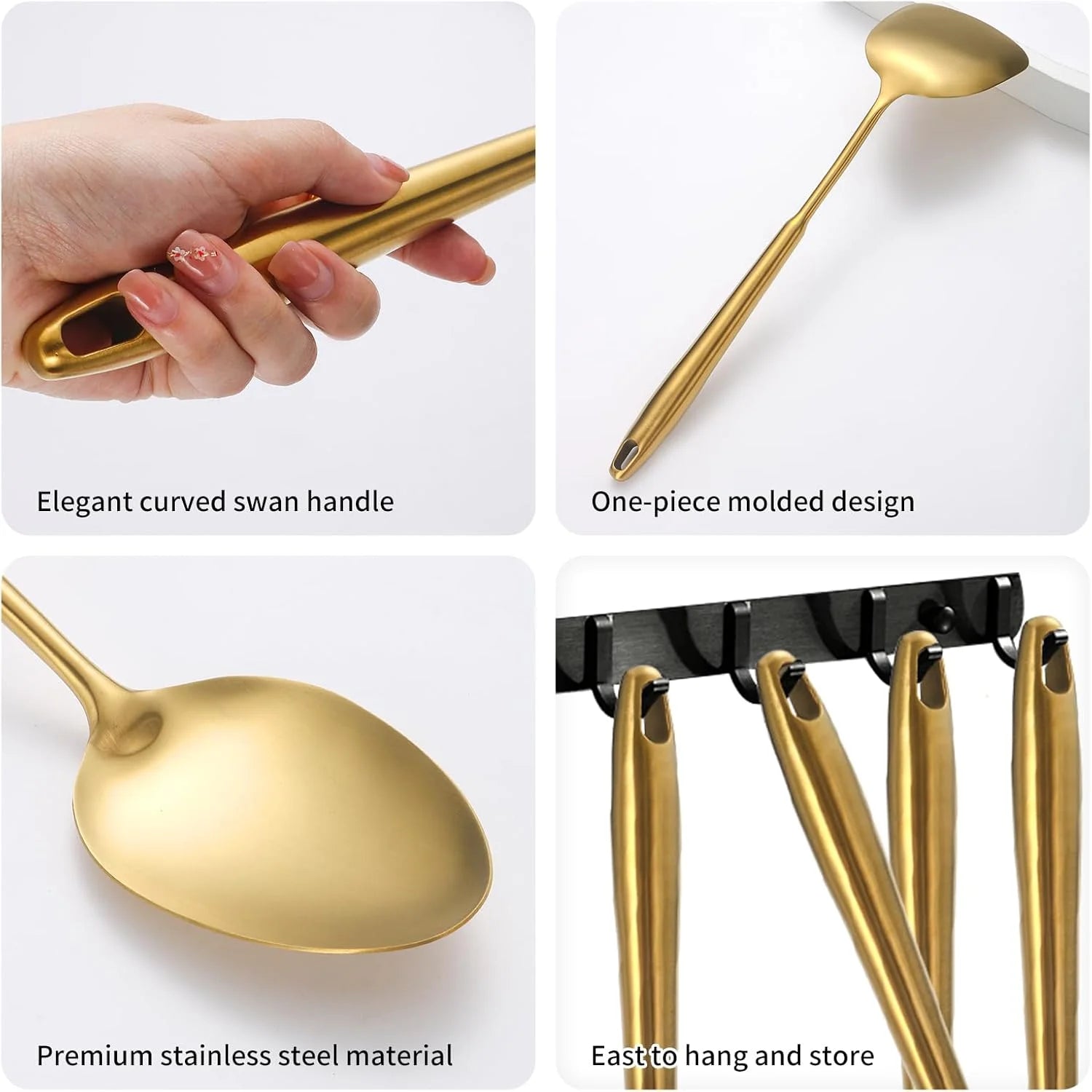 304 Stainless Steel Cooking Utensils,6 Pcs Kitchen Cooking Utensils Set with Spatula Solid Spoon Ladle Skimmer Spaghetti Spoon,Dishwasher Suitable(Gold) – Durable Stainless Steel Construction for Flexible Room-to-Room Use