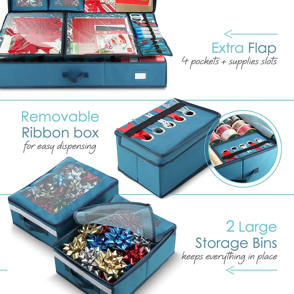 Wrapping Paper Storage Container with Ribbon Dispenser and Interior Pockets - Large Christmas Storage Containers with Wheels Fits 30 Rolls of 40" Length Blue – Multiroom Organization Format for Flexible Room-to-Room Use