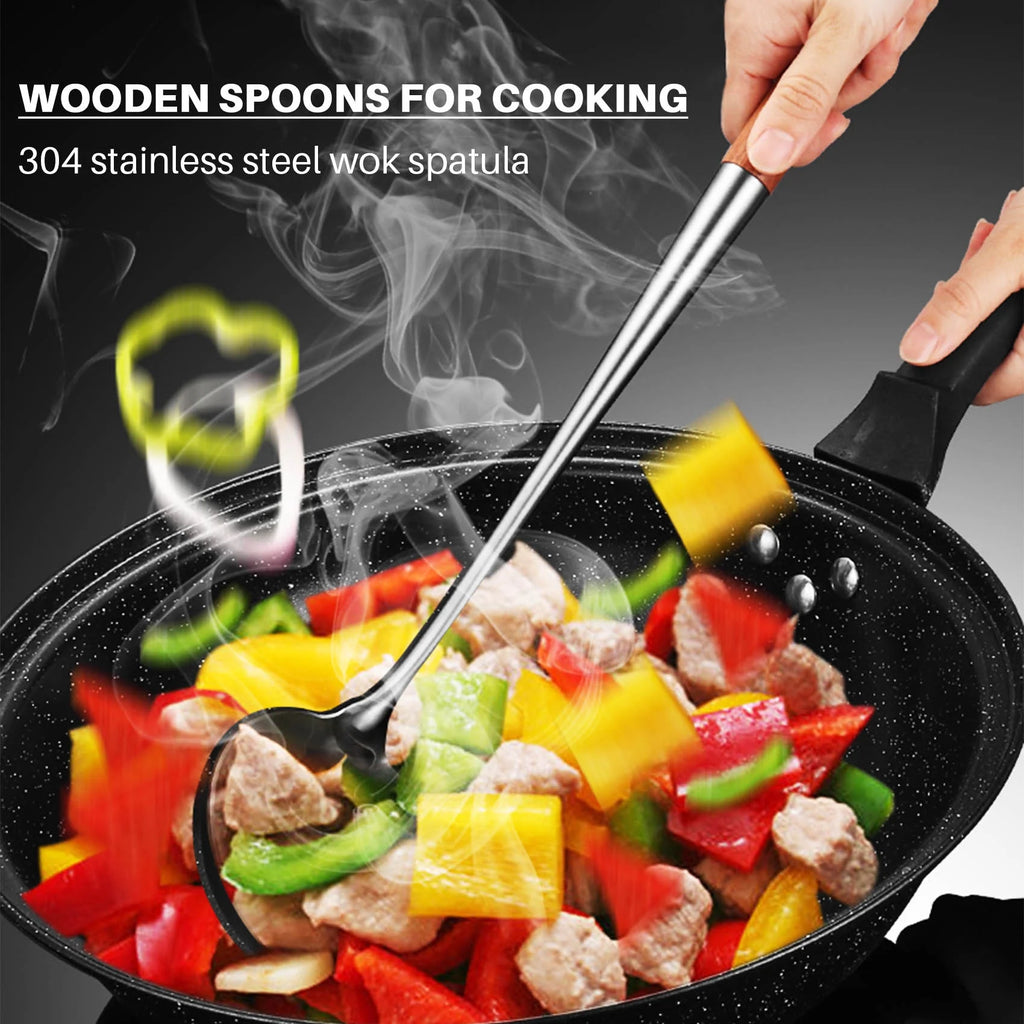 Long Handle Stainless Steel Wok Kitchen Slotted Turner Rice Spoon Ladle Cooking Tools Utensil Set – Convenient Carry Handles for Flexible Room-to-Room Use