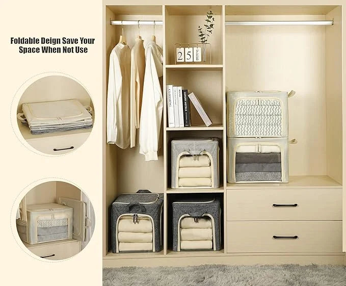 3 Openings Clothes Storage Bins with Metal Frame Foldable Storage Bin for Clothes Clothing Storage Bins with Lid Linen Storage Box With Clear Window＆ Zippers＆ Durable Handles.(3 Pcs,Beige,40L) – Everyday Household Format for Flexible Room-to-Room Use