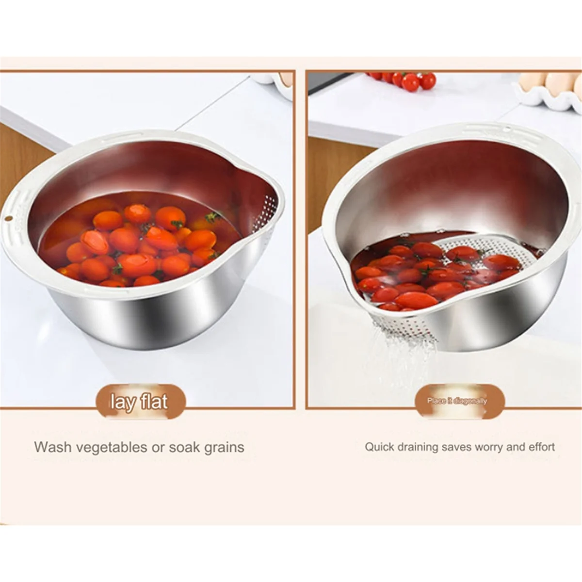 Rice Washer Strainer Bowl Stainless Steel Washing Colander Fruit and Vegetable Kitchen Tool A – Durable Stainless Steel Construction for Flexible Room-to-Room Use