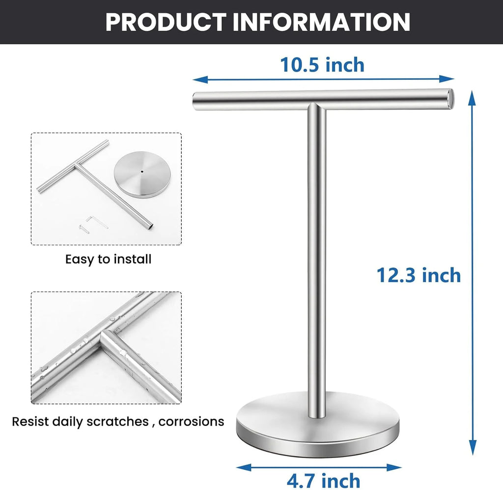 T-Shape Bath Hand Towel Holder Stand Stainless Steel Free Standing Hand Towel Rack with Heavy Base for Bathroom Kitchen & Countertop Matte Black – Durable Stainless Steel Construction for Flexible Room-to-Room Use