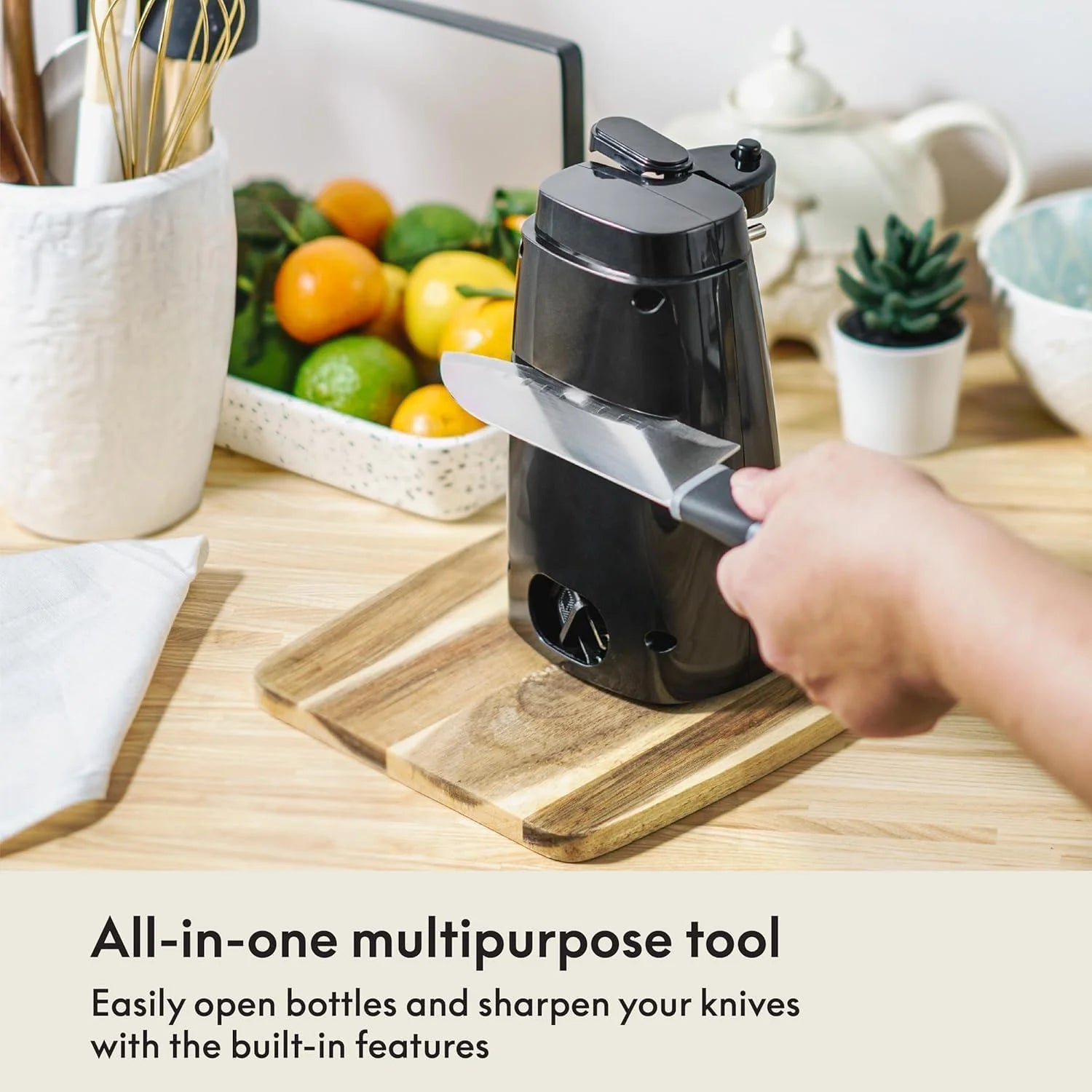 Electric Can Opener and Knife Sharpener Multifunctional Jar and Bottle Opener with Removable Cutting Lever and Cord Storage Stainless Steel Blade – Durable Stainless Steel Construction for Flexible Room-to-Room Use