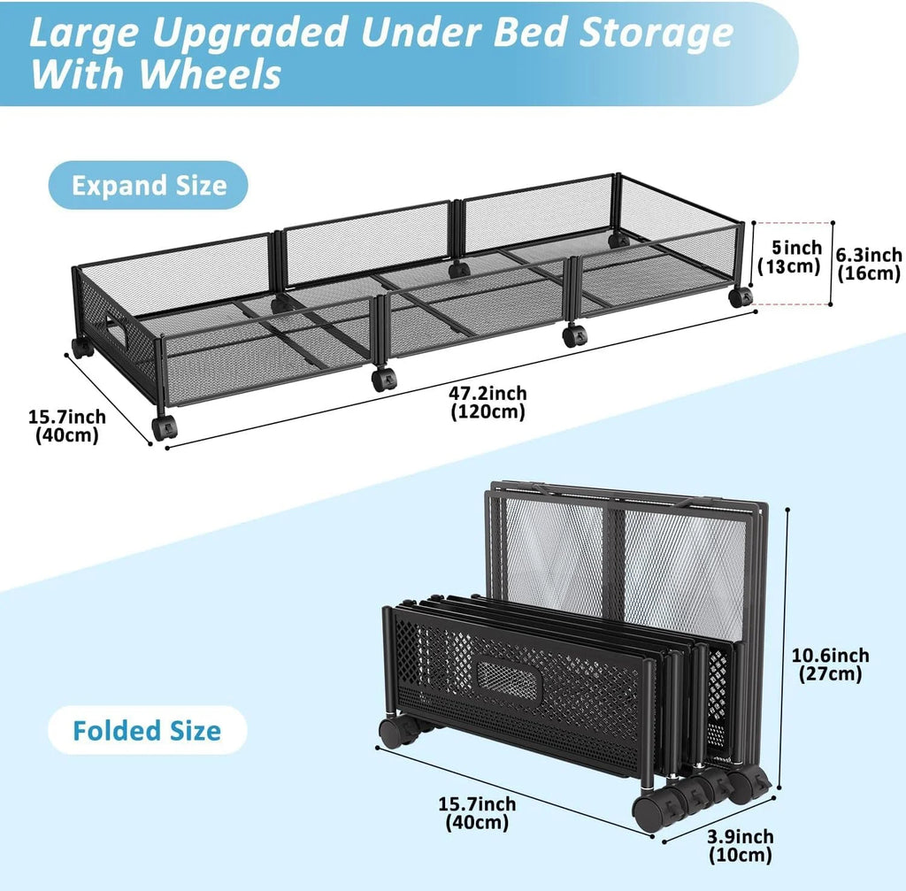 47.2'' Long Under Bed Storage on Wheels 57.6L Large Capacity Rolling Under the Bed Storage Containers Tool-Free Assembly Foldable Underbed Shoes Clothes Toy Drawers – Multiroom Organization Format for Flexible Room-to-Room Use
