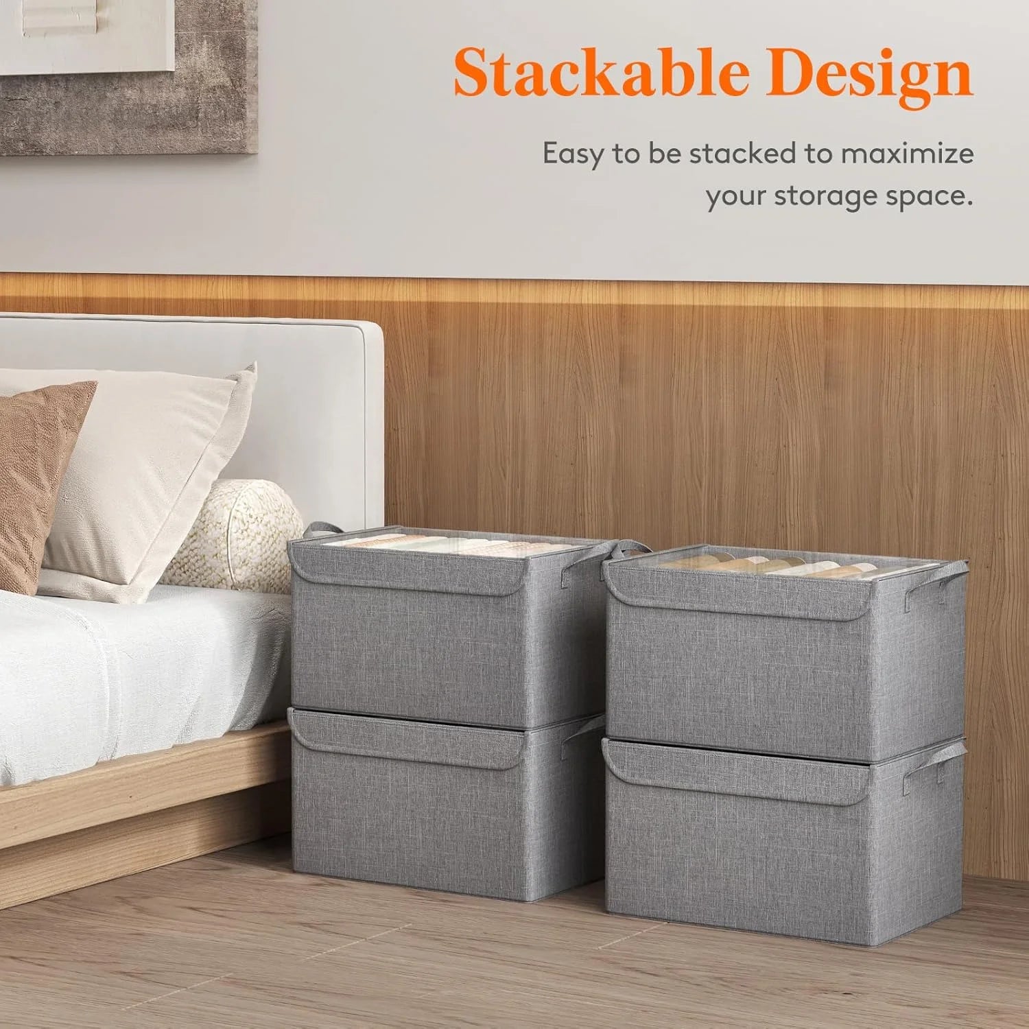 Fabric Storage Boxes 6 Pcs Stackable Storage Bins with Clear Lids Foldable Oxford Cloth Cube Closet Organizer Baskets Clothes Containers for Towels Blankets Books Light Grey-Large – Foldable Space-Saving Design for Flexible Room-to-Room Use