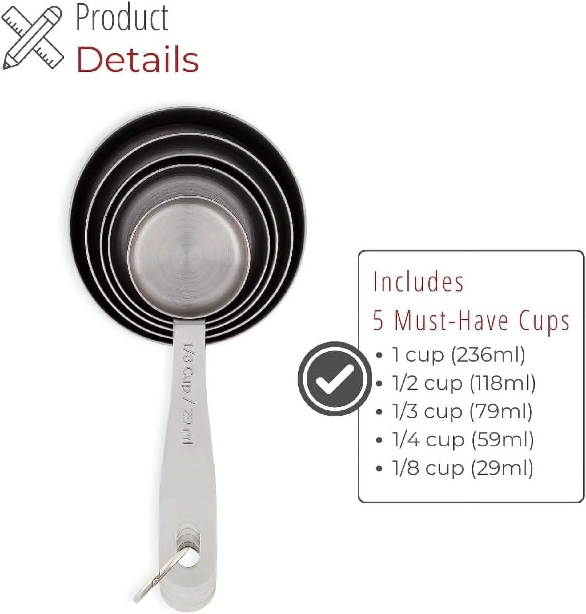 Stainless Steel Measuring Cups Heavy-Duty 5-Piece Set with Storage Ring – Kitchen Measuring Tools – Durable Stainless Steel Construction for Flexible Room-to-Room Use
