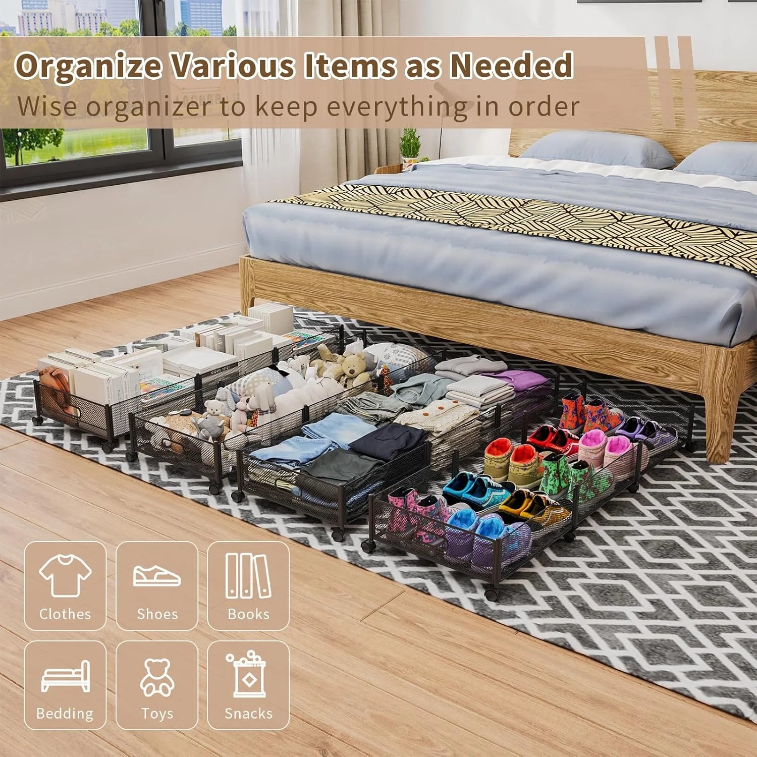 47.2'' Long Under Bed Storage on Wheels 57.6L Large Capacity Rolling Under the Bed Storage Containers Tool-Free Assembly Foldable Underbed Shoes Clothes Toy Drawers – Multiroom Organization Format for Flexible Room-to-Room Use