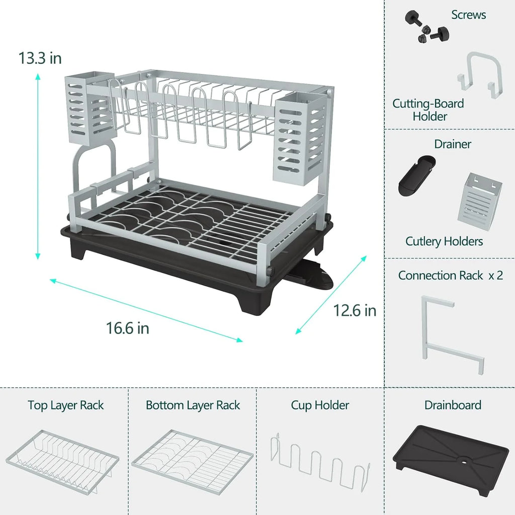 Dish Drying Rack: 2 Tier Dish Racks for Kitchen Counter and Sink - Large Dish Drying Rack with Drainboard & Utensil Holders - Stainless Steel Dish Drainers Kitchen Organization and – Durable Stainless Steel Construction for Flexible Room-to-Room Use