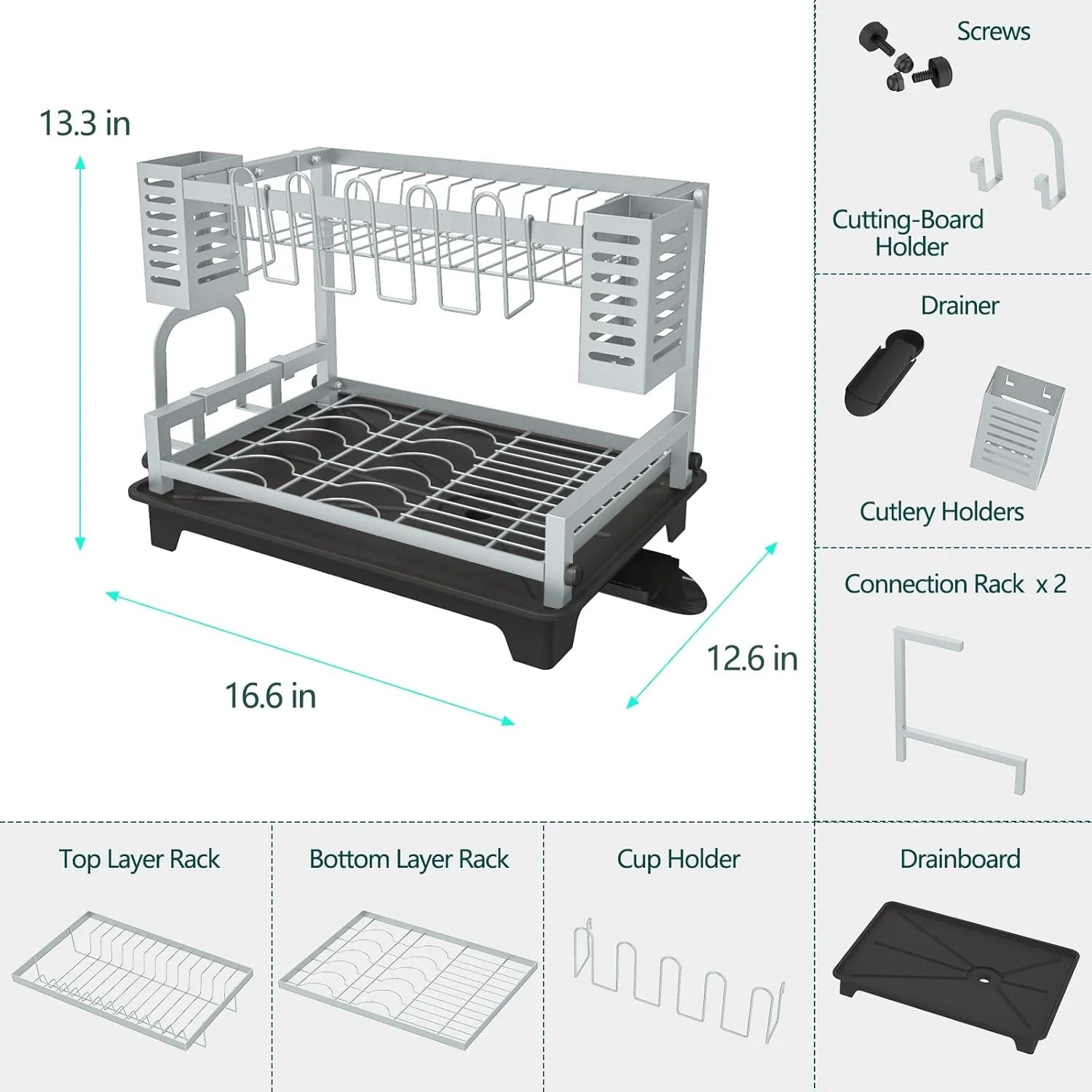 Dish Drying Rack: 2 Tier Dish Racks for Kitchen Counter and Sink - Large Dish Drying Rack with Drainboard & Utensil Holders - Stainless Steel Dish Drainers Kitchen Organization and – Durable Stainless Steel Construction for Flexible Room-to-Room Use