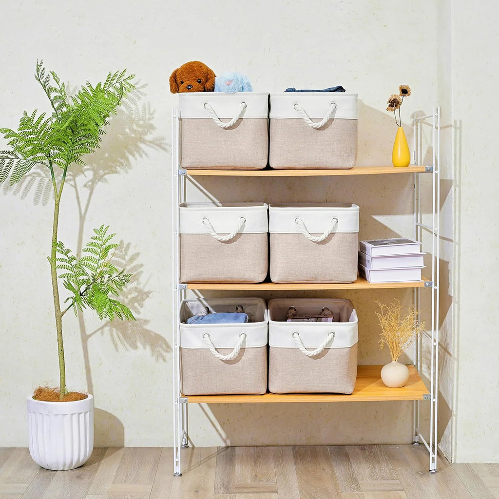 11 x 11 Inch Storage Cubes 6 Pack Large Collapsible Fabric Storage Bin White&Beige – Foldable Space-Saving Design for Flexible Room-to-Room Use