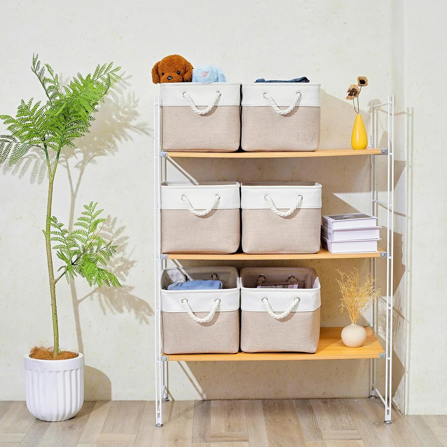 11 x 11 Inch Storage Cubes 6 Pack Large Collapsible Fabric Storage Bin White&Beige – Foldable Space-Saving Design for Flexible Room-to-Room Use