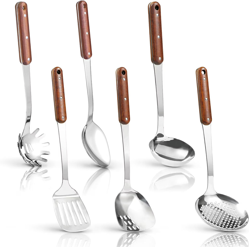 Stainless Steel Cooking Utensils Set Mirror Polished 6 Pieces Kitchen Utensils Set Kitchen Tools Set With Wooden Handle Non-Stick Heat Resistant,Dishwasher Suitable Easy to Clean – Convenient Carry Handles for Flexible Room-to-Room Use