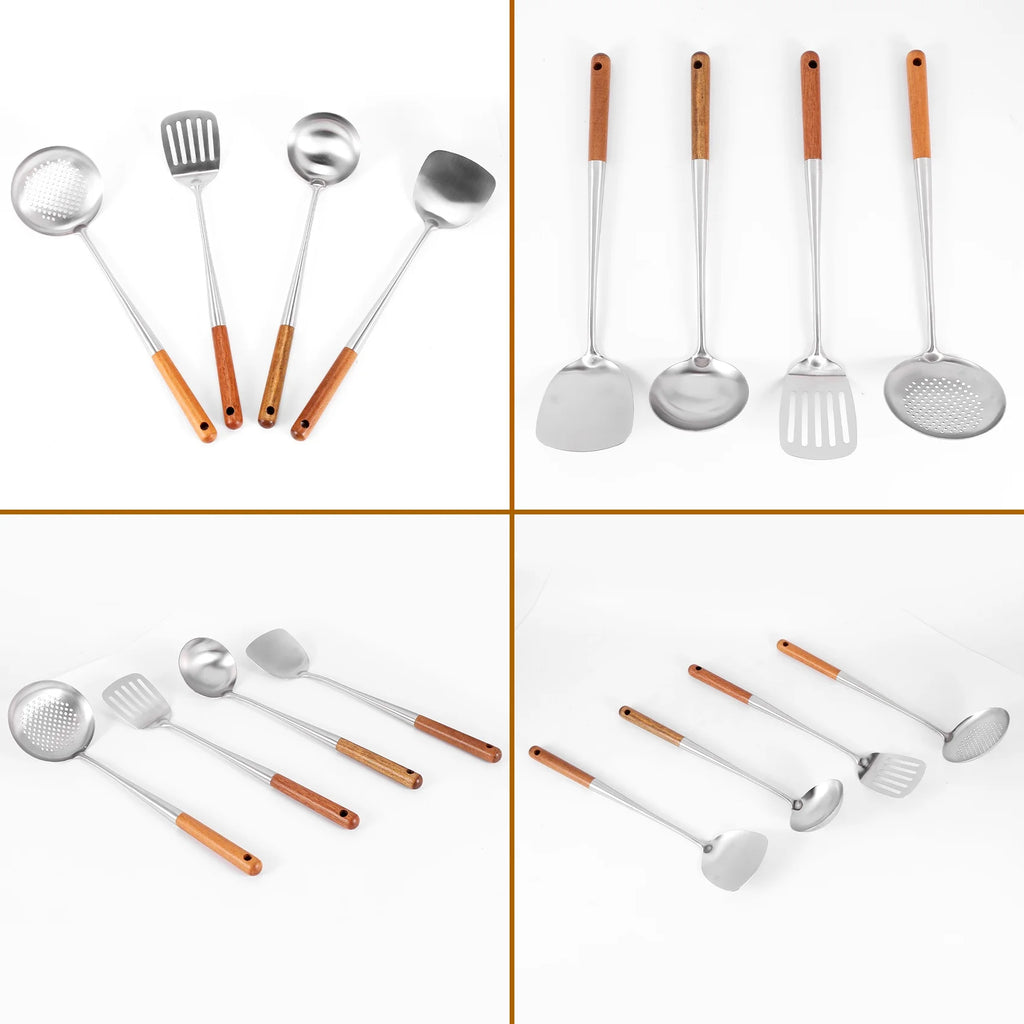 Long Handle Stainless Steel Wok Kitchen Slotted Turner Rice Spoon Ladle Cooking Tools Utensil Set – Convenient Carry Handles for Flexible Room-to-Room Use