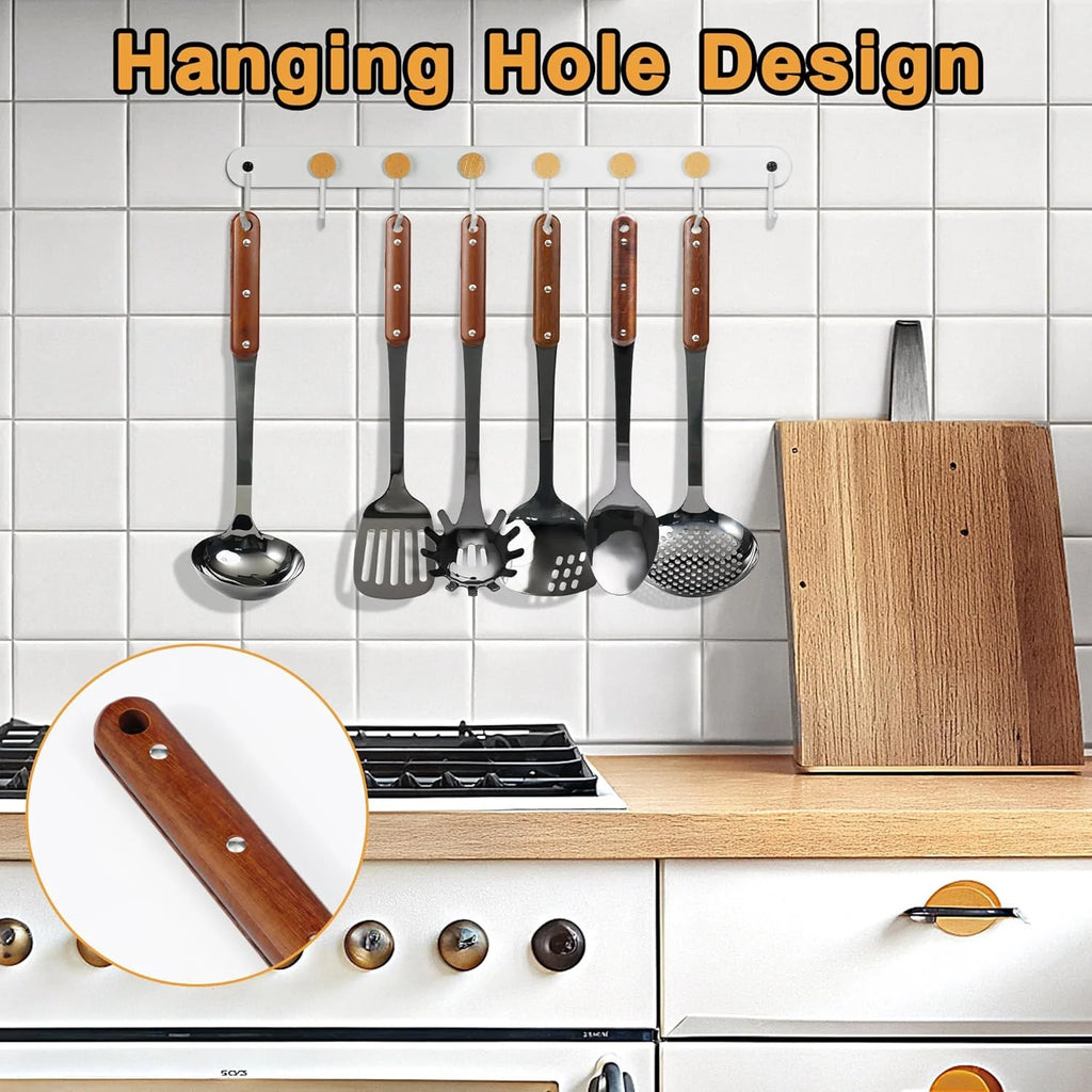 Stainless Steel Cooking Utensils Set Mirror Polished 6 Pieces Kitchen Utensils Set Kitchen Tools Set With Wooden Handle Non-Stick Heat Resistant,Dishwasher Suitable Easy to Clean – Convenient Carry Handles for Flexible Room-to-Room Use