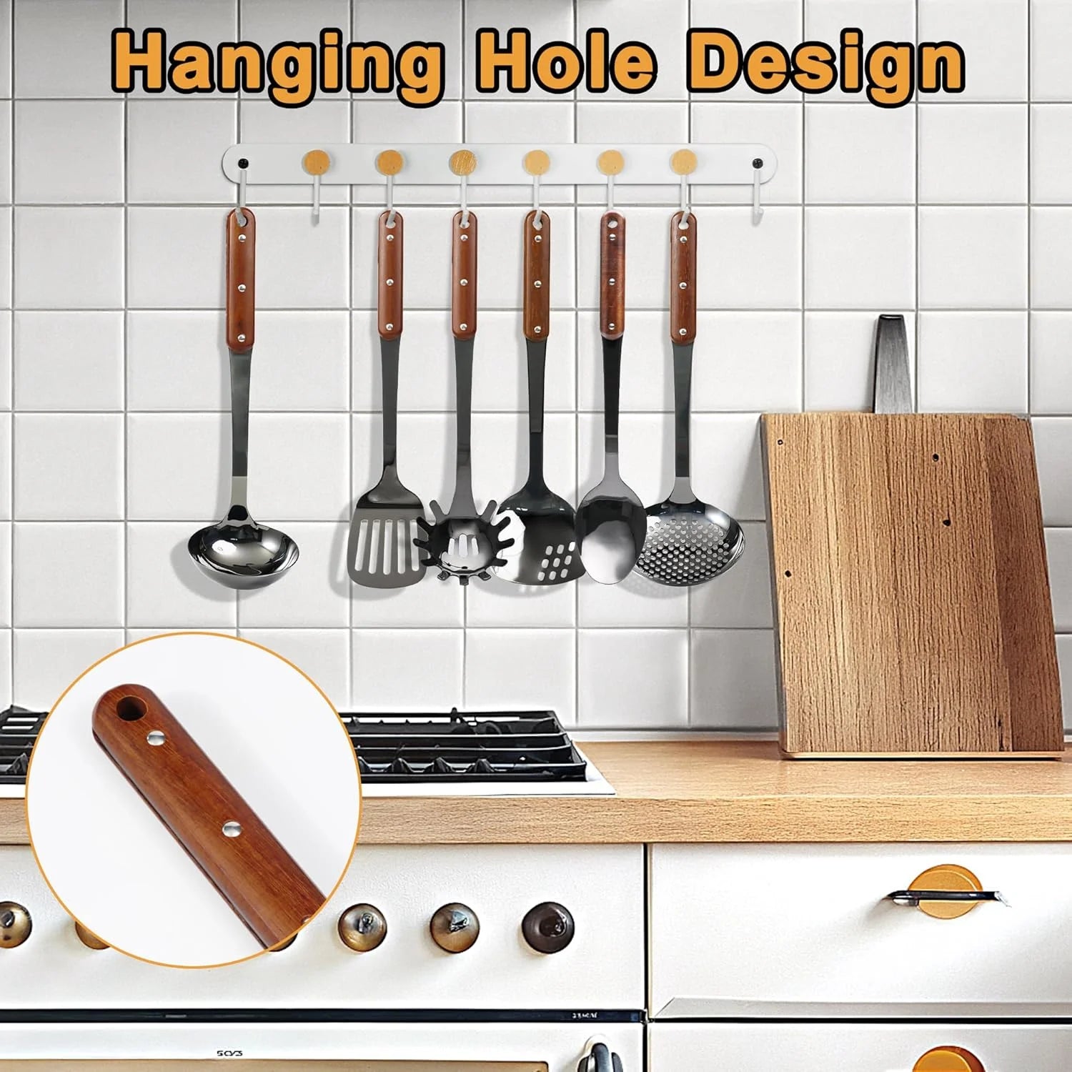 Stainless Steel Cooking Utensils Set Mirror Polished 6 Pieces Kitchen Utensils Set Kitchen Tools Set With Wooden Handle Non-Stick Heat Resistant,Dishwasher Suitable Easy to Clean – Convenient Carry Handles for Flexible Room-to-Room Use