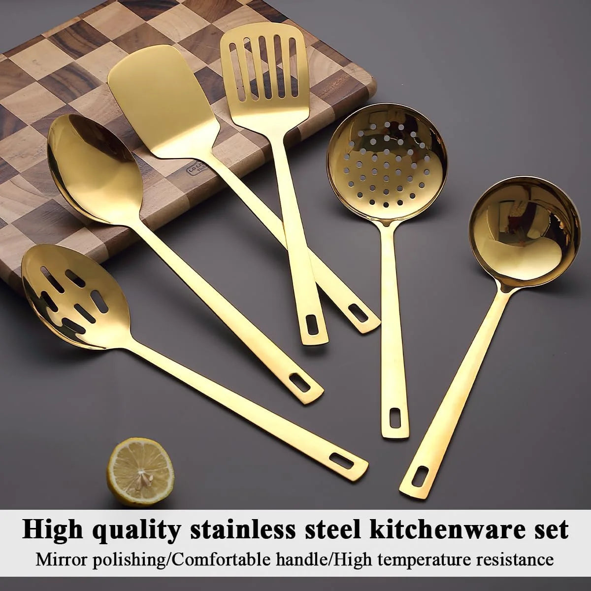 Gold Kitchen Utensils Set 6pcs Titanium Plating Stainless Steel Cooking Utensils Set Heavy Duty Kitchen Tools Spatulas Set Home Essentials Kitchen Gadgets Accessories – Durable Stainless Steel Construction for Flexible Room-to-Room Use