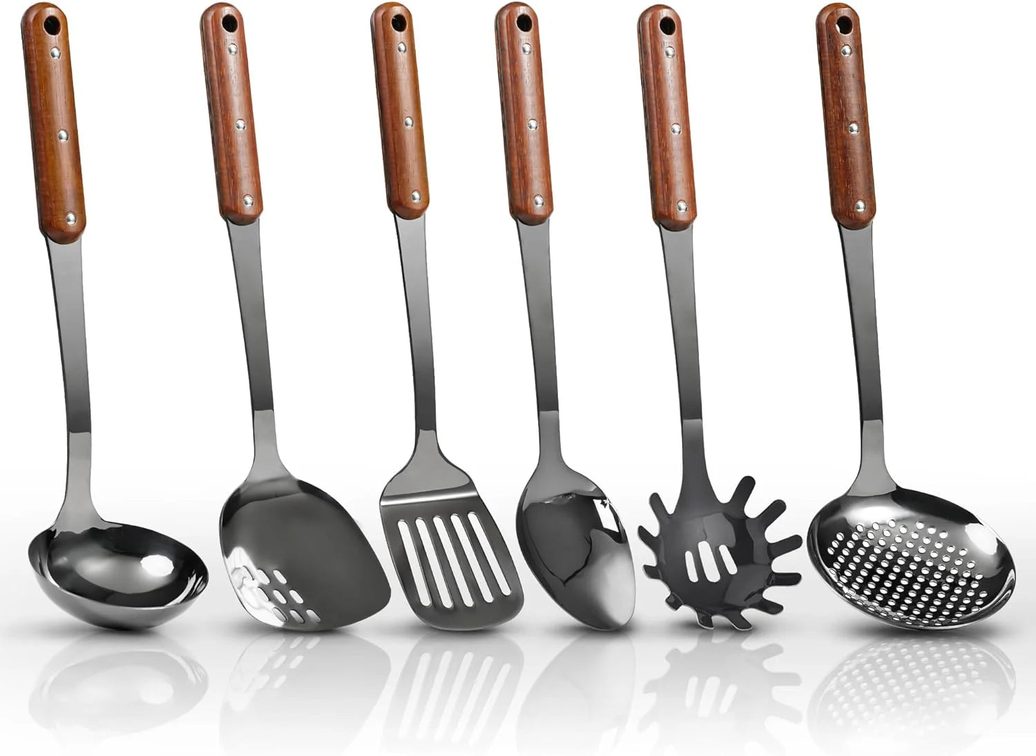 Stainless Steel Cooking Utensils Set Mirror Polished 6 Pieces Kitchen Utensils Set Kitchen Tools Set With Wooden Handle Non-Stick Heat Resistant,Dishwasher Suitable Easy to Clean – Convenient Carry Handles for Flexible Room-to-Room Use