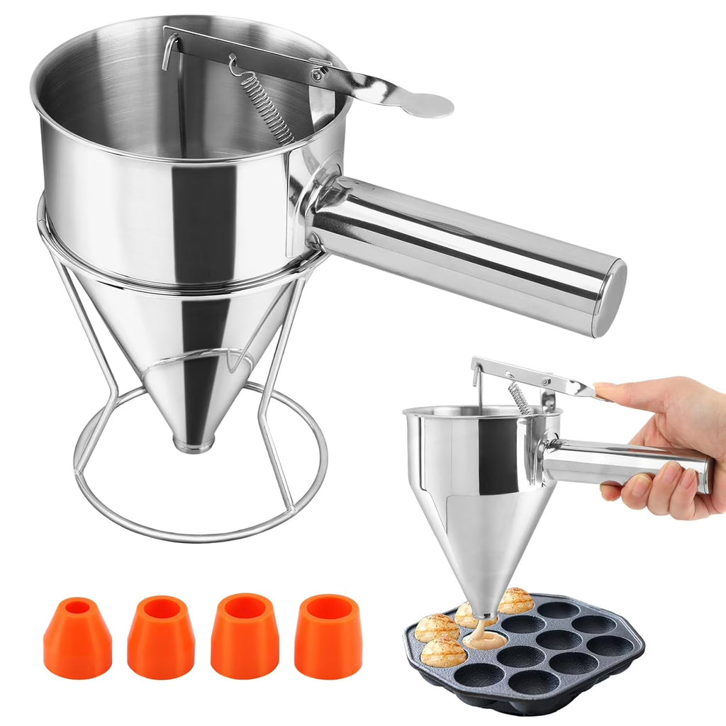 Stainless Steel Pancake Batter Dispenser with Squeeze Handle Kitchen Funnel Tools Pancake Dispenser for Pancakes Cupcakes Takoyaki and Baked Goods – Convenient Carry Handles for Flexible Room-to-Room Use
