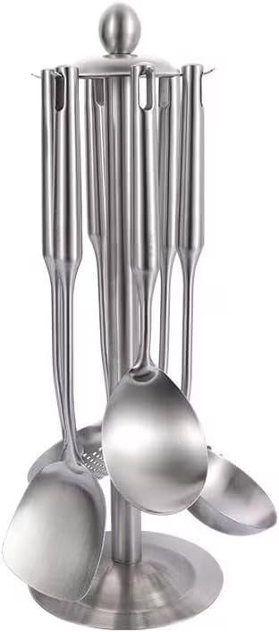 Well-crafted 7-Piece Gold Kitchen Utensil Set with Stand Stainless Steel Cooking Tools- Dishwasher Suitable Ladle Spoon Spatula Pasta Fork Luxury Brass Kitchen Accessories for Home – Durable Stainless Steel Construction for Flexible Room-to-Room Use