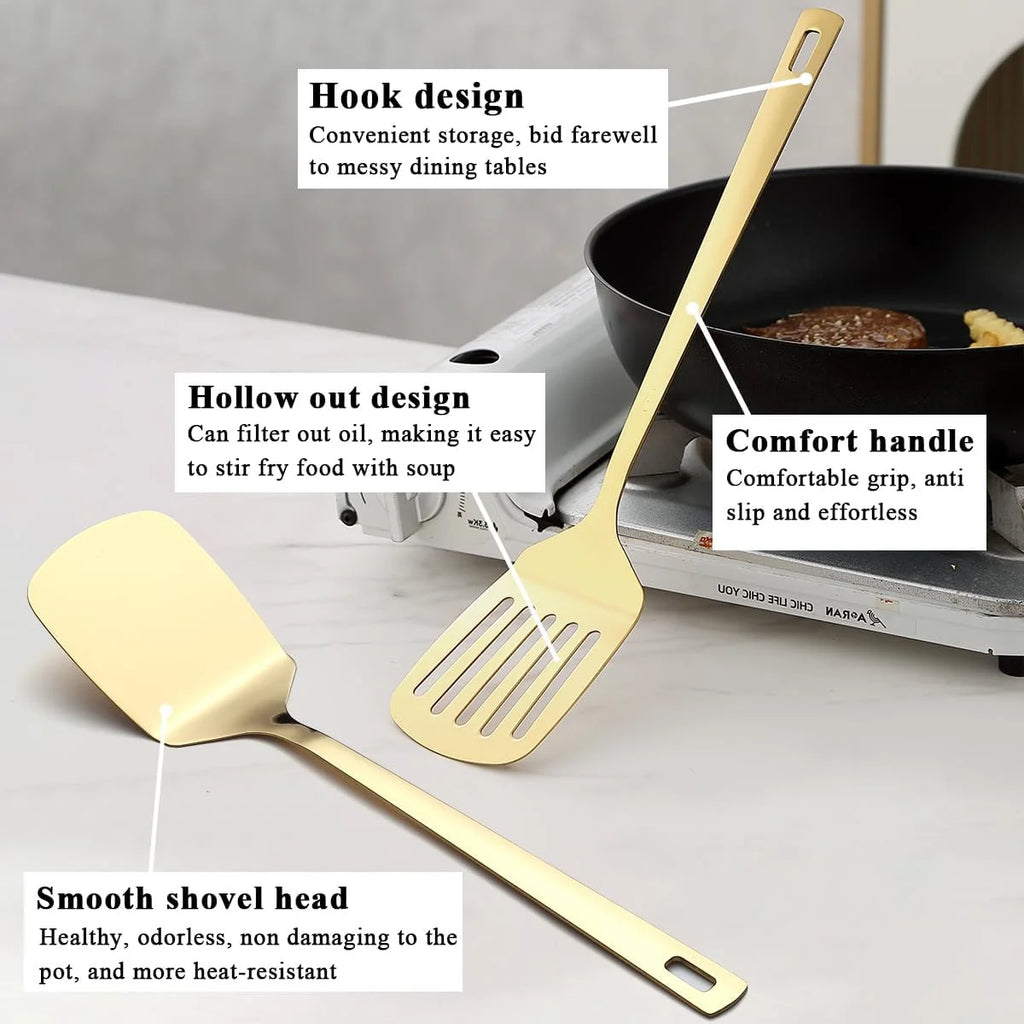Gold Kitchen Utensils Set 6pcs Titanium Plating Stainless Steel Cooking Utensils Set Heavy Duty Kitchen Tools Spatulas Set Home Essentials Kitchen Gadgets Accessories – Durable Stainless Steel Construction for Flexible Room-to-Room Use