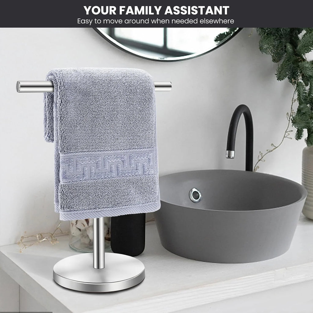 T-Shape Bath Hand Towel Holder Stand Stainless Steel Free Standing Hand Towel Rack with Heavy Base for Bathroom Kitchen & Countertop Matte Black – Durable Stainless Steel Construction for Flexible Room-to-Room Use