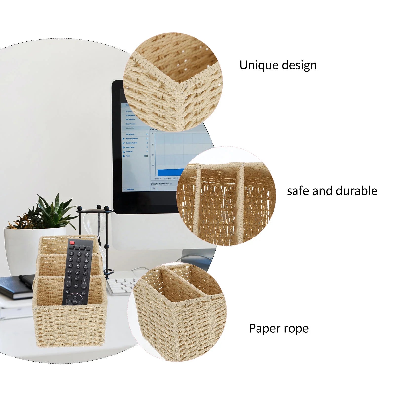 2pcs Woven 3 Compartments Woven Storage Box Bin Makeup Container Cube Organizer Divider for Home Bathroom Bedroom Closet Table Remote Beige – Multiroom Organization Format for Flexible Room-to-Room Use