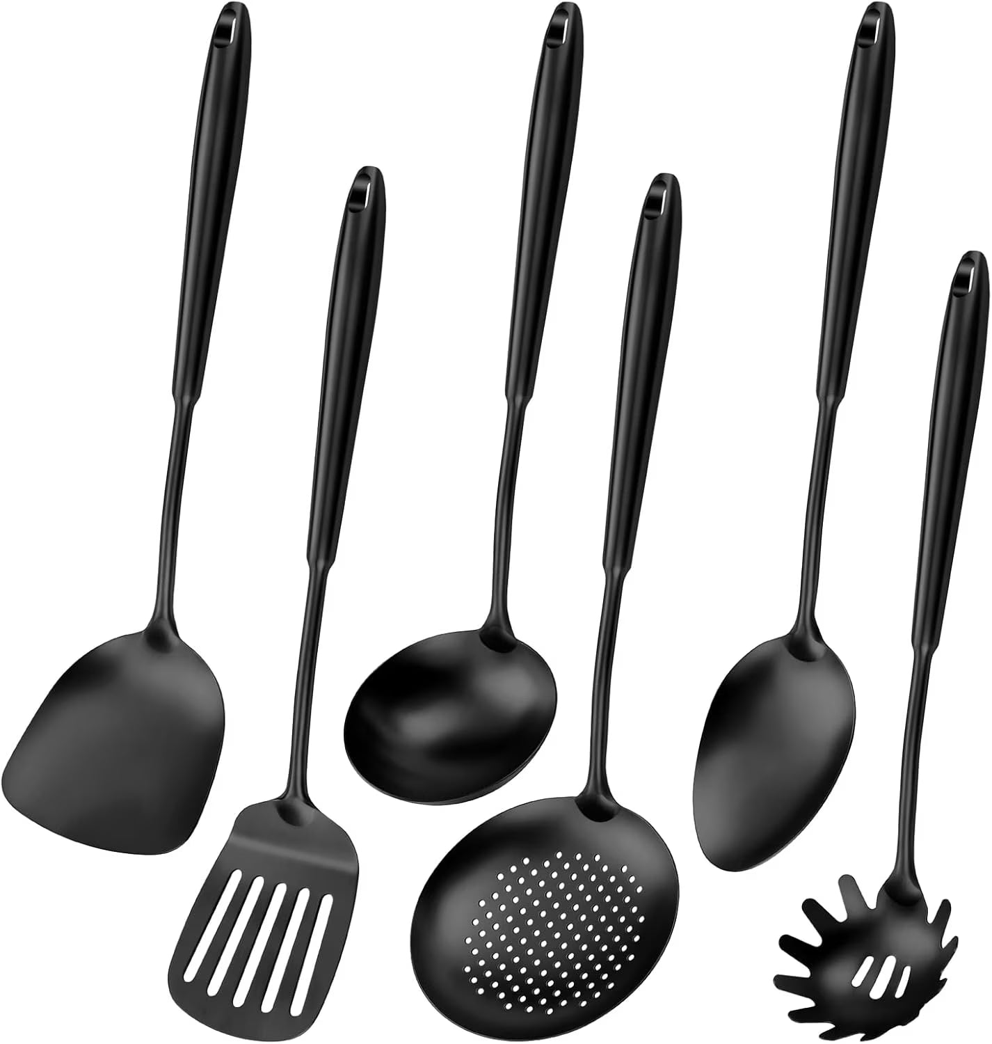 304 Stainless Steel Cooking Utensils,6 Pcs Kitchen Cooking Utensils Set with Spatula Solid Spoon Ladle Skimmer Spaghetti Spoon,Dishwasher Suitable(Black) – Durable Stainless Steel Construction for Flexible Room-to-Room Use