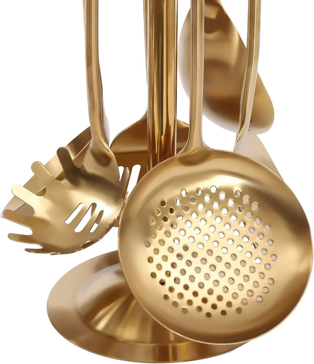7pcs/ Set Gold Cooking Utensils Suitable for everyday use Kitchen Tool with Holder Stainless Steel – Durable Stainless Steel Construction for Flexible Room-to-Room Use