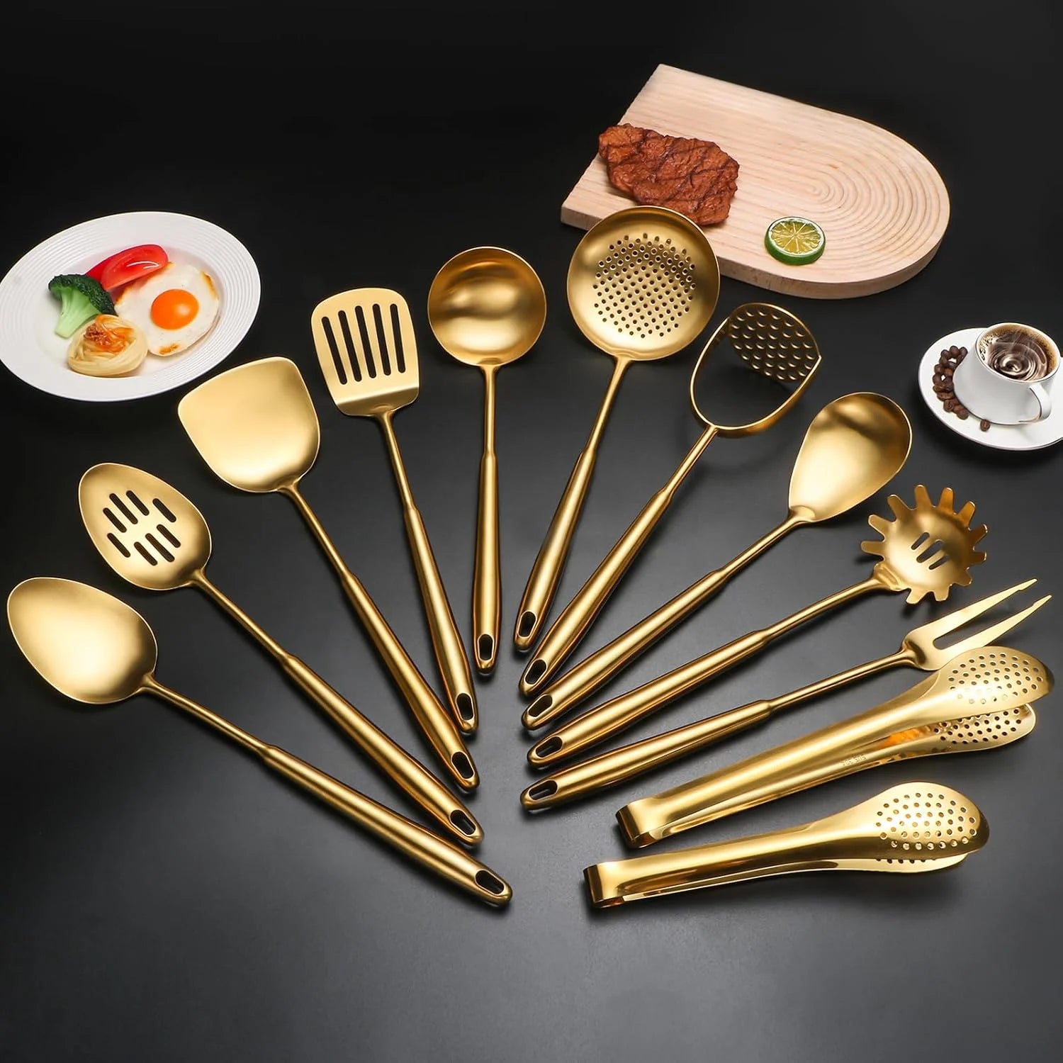 304 Stainlss Steel Kitchen Utensils Set 12 Pcs Long Metal Cooking Utensil Gadgets Tools Set with Spatula Ladle Spoon Ladle Skimmer Tunner Pasta Server Tongs(Silver Dishwasher Suitable) – Convenient Multi-Piece Set for Flexible Room-to-Room Use