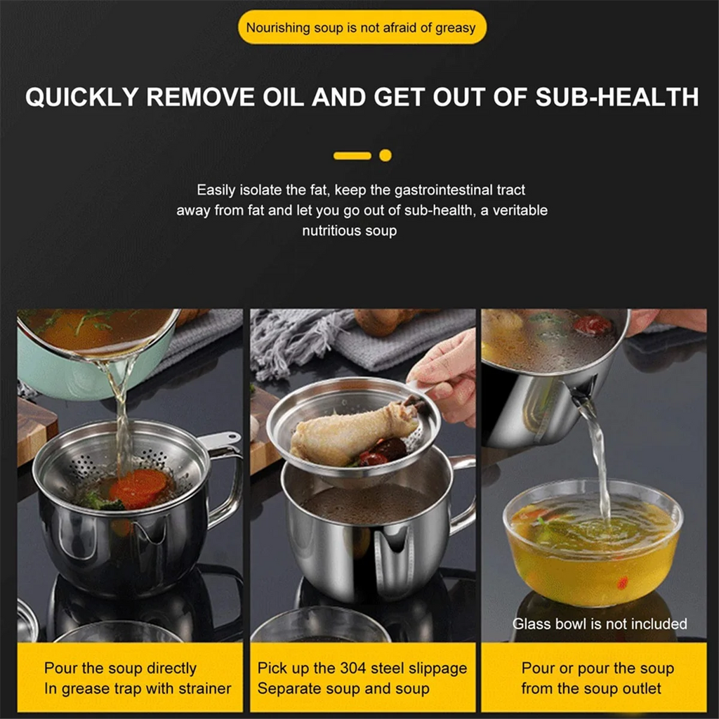Stainless Steel Fat Separator 1L/4 Cup Gravy Grease with Strainer and Glass Lid Soup Oil Cup – Durable Stainless Steel Construction for Flexible Room-to-Room Use
