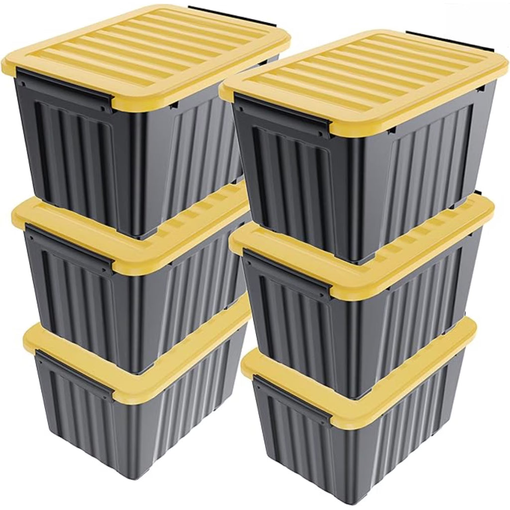 72Quart Plastic Storage Bin Stackable and Nestable Storage Boxes with White Lids and Secure Latching Buckles Large Storage Container (Black/Yellow 72Quart-6Pack) – Stackable Organization for Flexible Room-to-Room Use