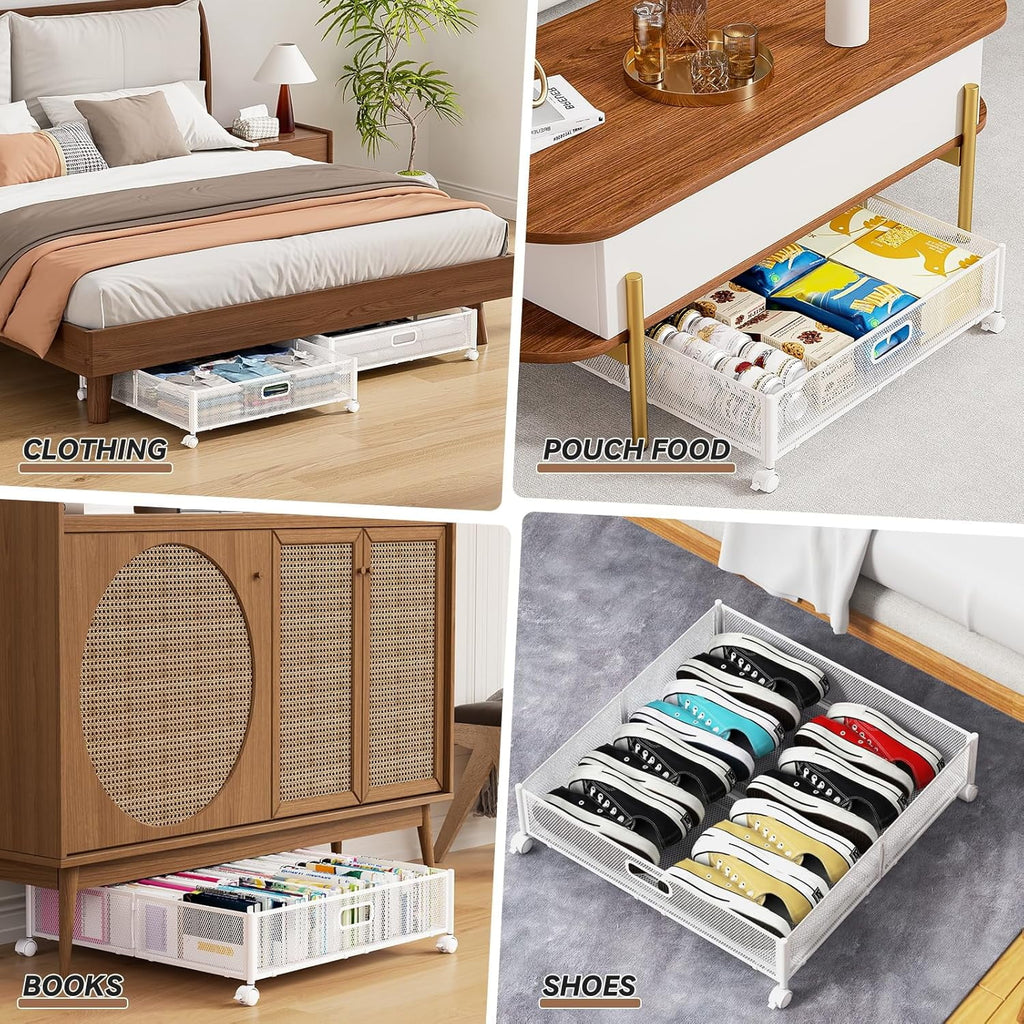 Under Bed Storage Containers with Wheels - Shoe Storage Organizer Drawer Tool-free Assembly Metal Underbed Storage Containers for Bedroom Clothes Shoes Blankets - 2Pack – Multiroom Organization Format for Flexible Room-to-Room Use