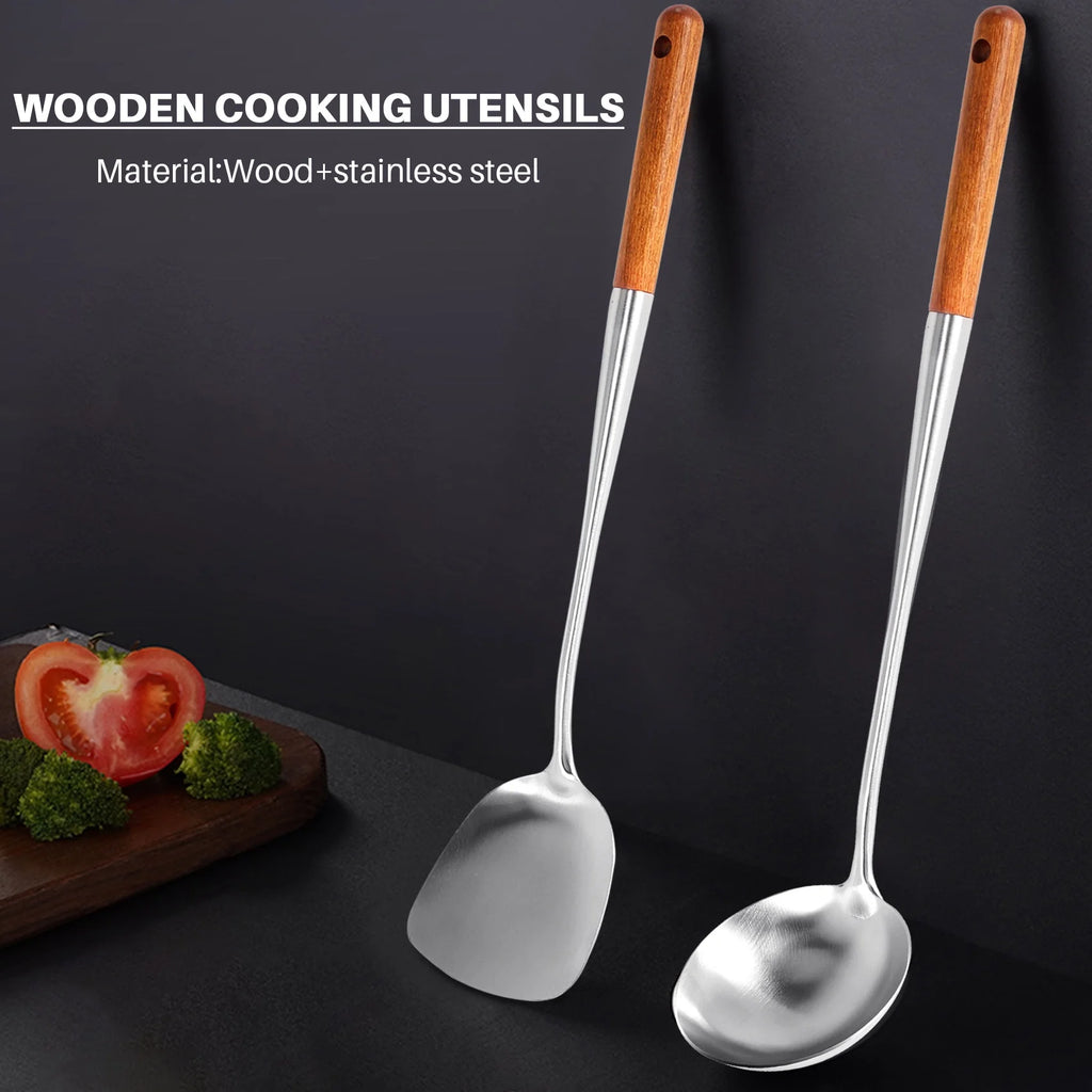 Long Handle Stainless Steel Wok Kitchen Slotted Turner Rice Spoon Ladle Cooking Tools Utensil Set – Convenient Carry Handles for Flexible Room-to-Room Use