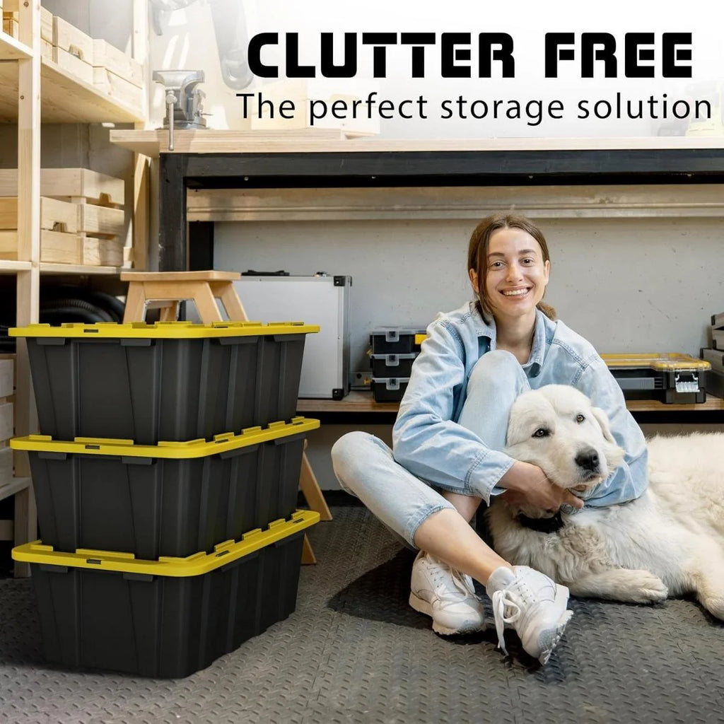 8 PACK of Medium 12 Gallon Plastic Storage Bin Tote Organizing Container with Ultra Durable Secure Latching Lids Stackable Extra Strength Clear with Built in Handle - Black and Yellow – Stackable Organization for Flexible Room-to-Room Use