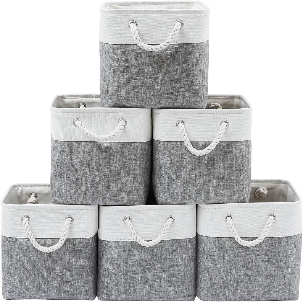 13 x 13 Inch Cube Storage Bins 6 Pack Extra Large Collapsible Fabric Storage Bin with Ropes Foldable Storage Cubes for Home (White & Beige-13"x13"x13") – Foldable Space-Saving Design for Flexible Room-to-Room Use