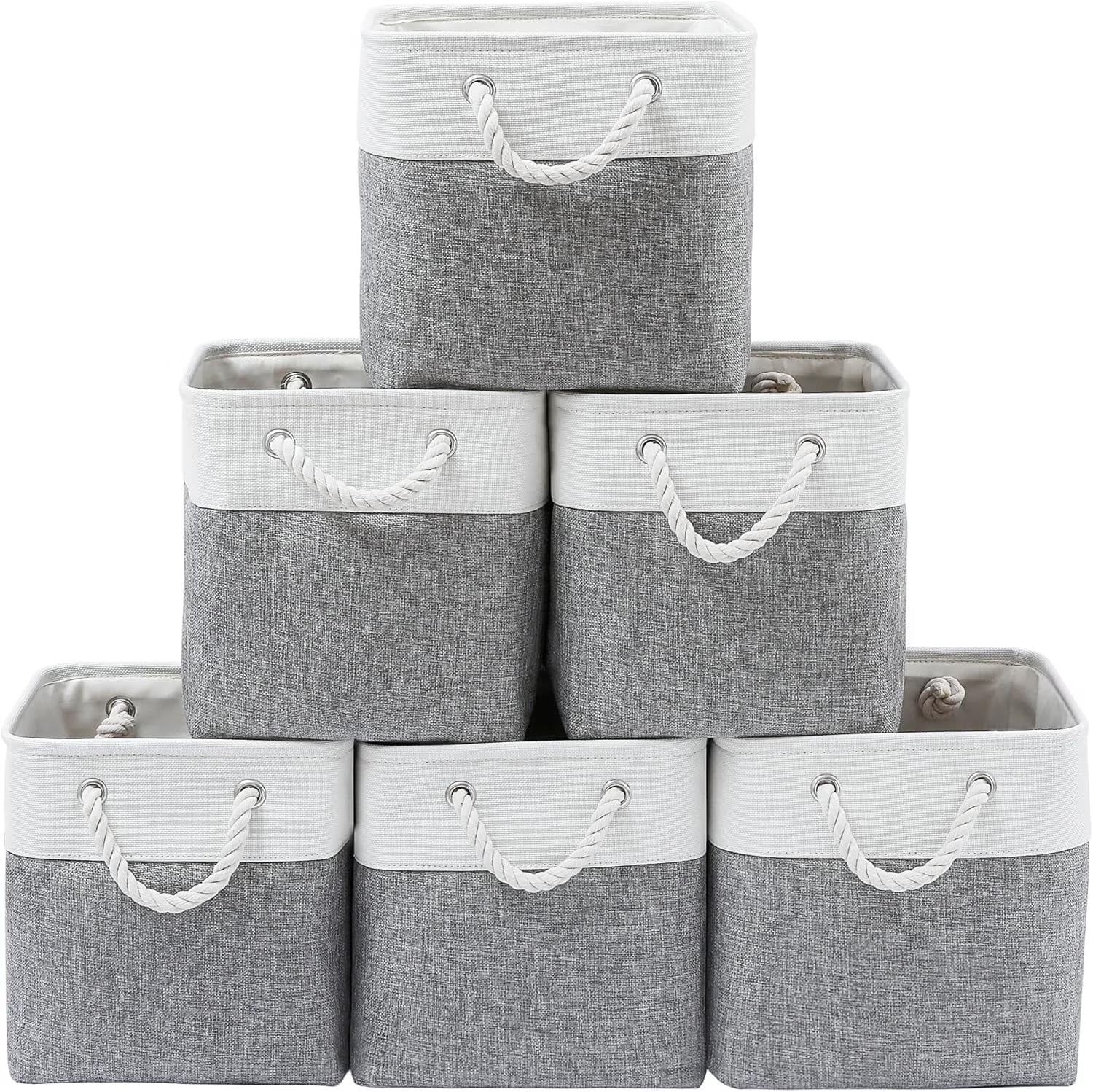 13 x 13 Inch Cube Storage Bins 6 Pack Extra Large Collapsible Fabric Storage Bin with Ropes Foldable Storage Cubes for Home (White & Beige-13"x13"x13") – Foldable Space-Saving Design for Flexible Room-to-Room Use