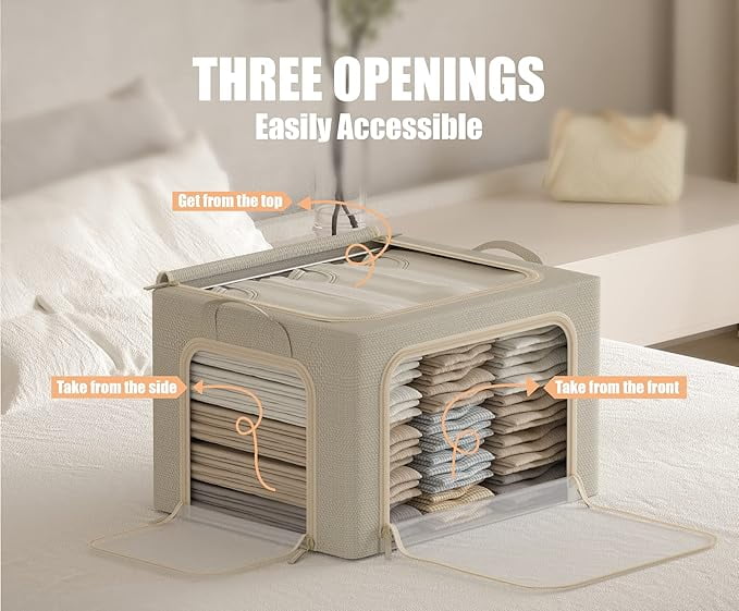3 Openings Clothes Storage Bins with Metal Frame Foldable Storage Bin for Clothes Clothing Storage Bins with Lid Linen Storage Box With Clear Window＆ Zippers＆ Durable Handles.(3 Pcs,Beige,40L) – Everyday Household Format for Flexible Room-to-Room Use
