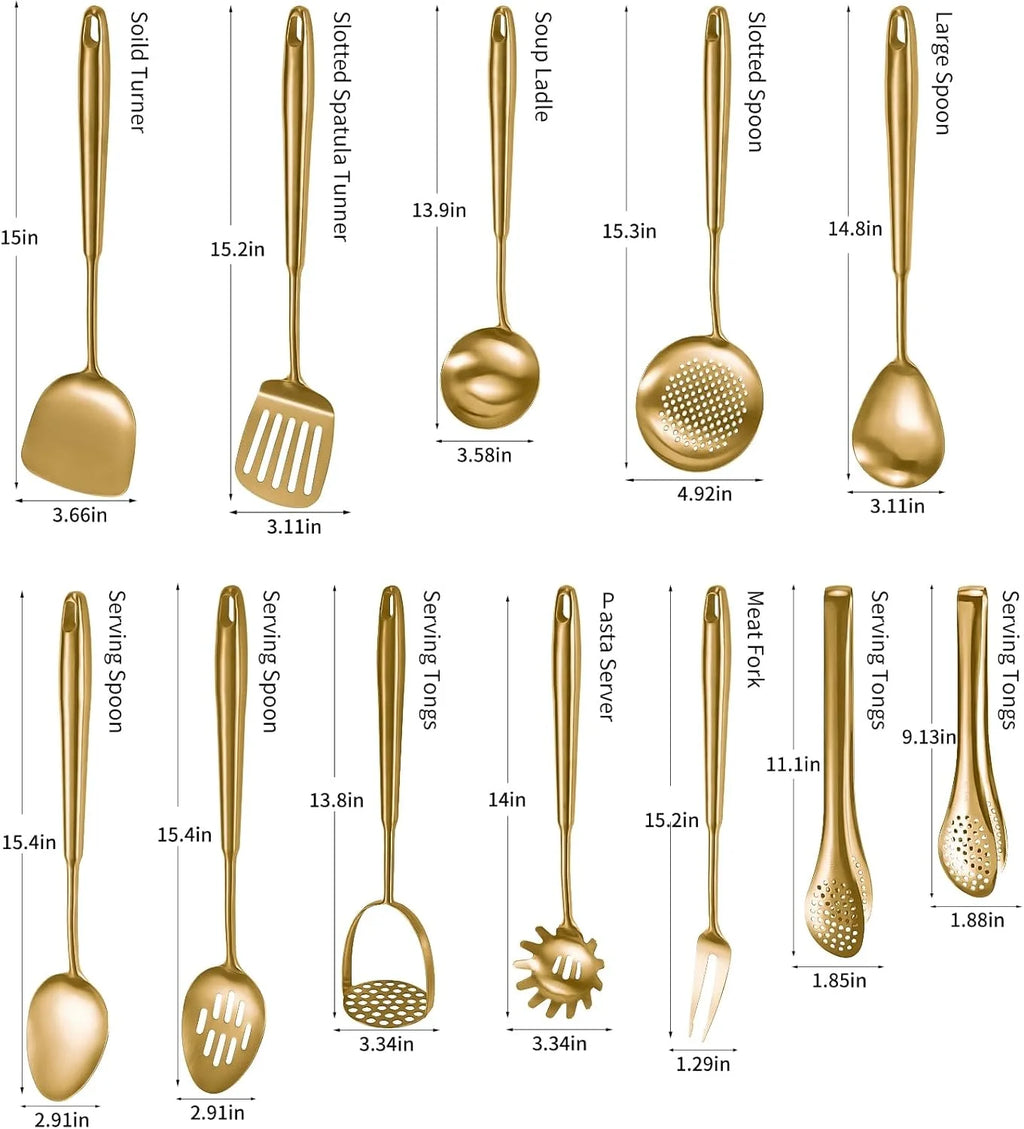304 Stainlss Steel Kitchen Utensils Set 12 Pcs Long Metal Cooking Utensil Gadgets Tools Set with Spatula Ladle Spoon Ladle Skimmer Tunner Pasta Server Tongs(Silver Dishwasher Suitable) – Convenient Multi-Piece Set for Flexible Room-to-Room Use