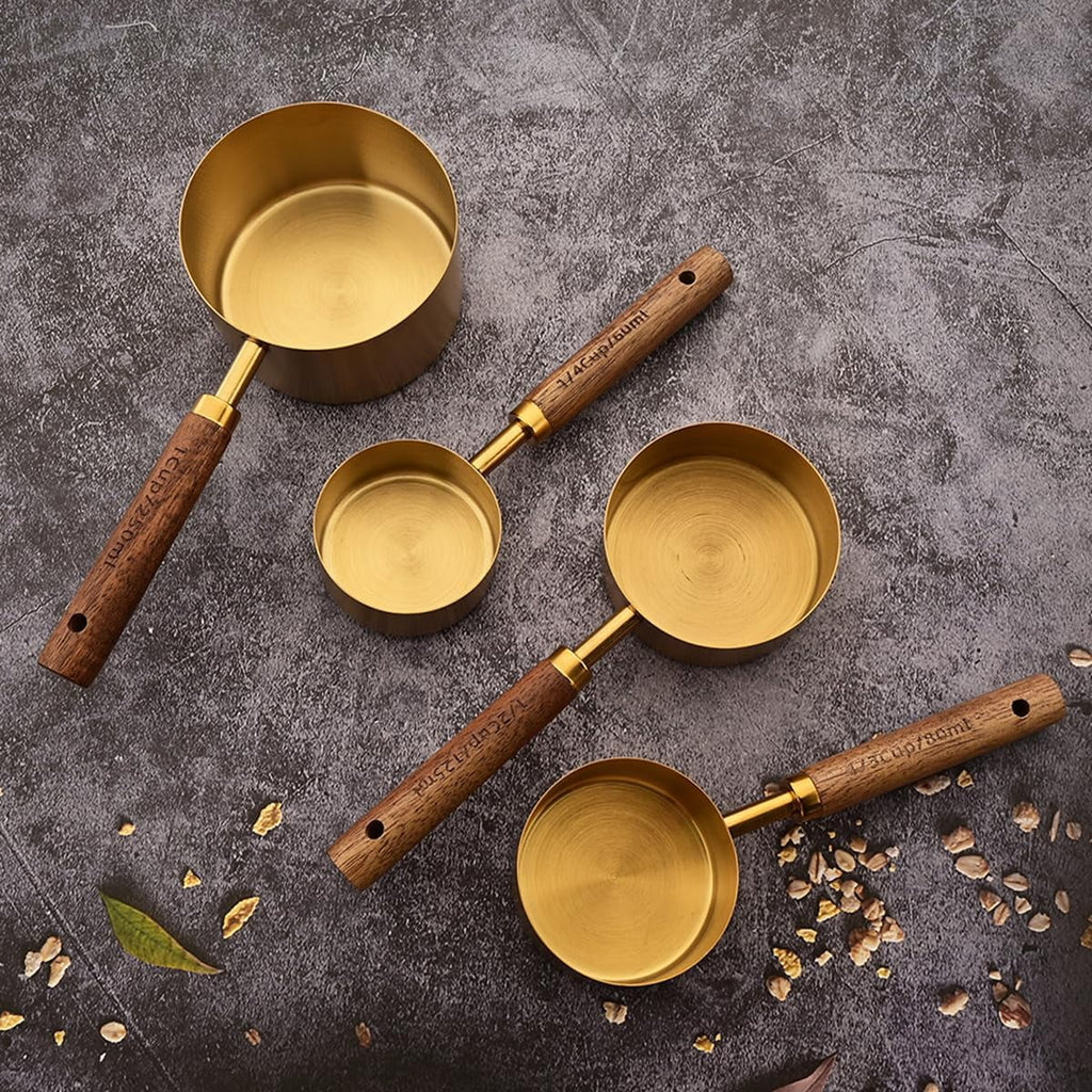 8 pieces Golden Measuring Cups Set and Measuring Spoons Set with Scale Wooden Handle Stainless Steel Dry & Liquid Measuring Cup for Cooking Baking – Convenient Carry Handles for Flexible Room-to-Room Use