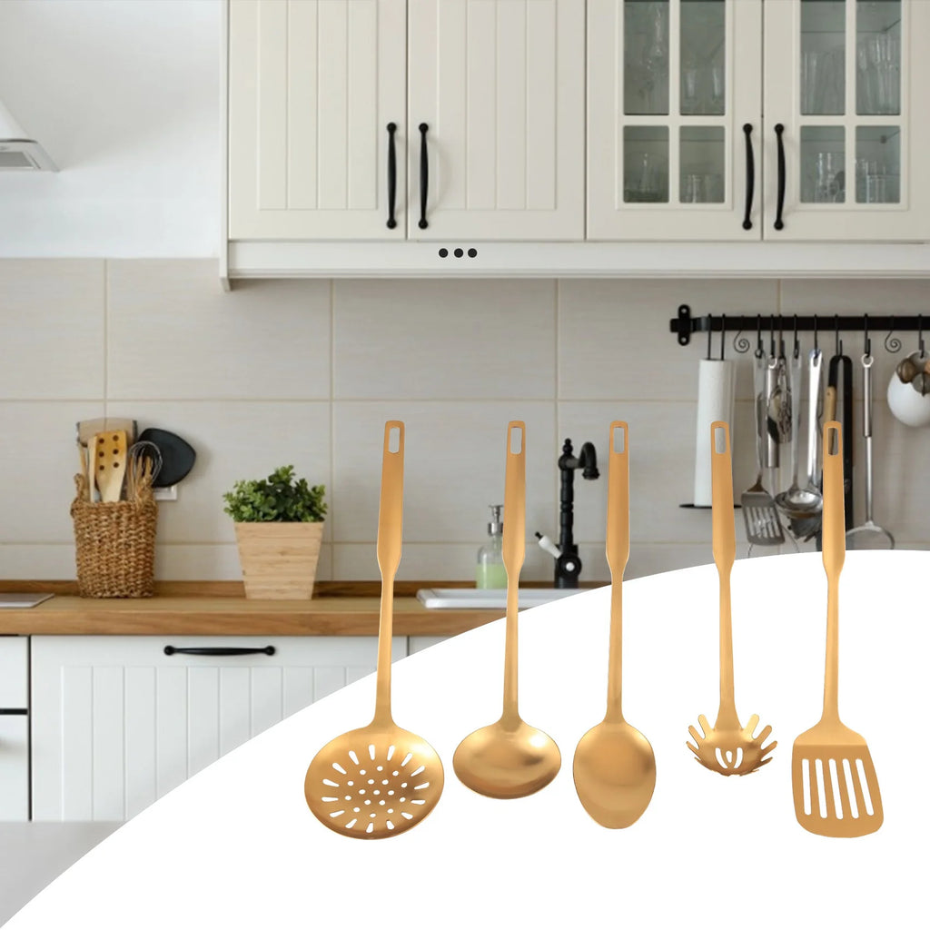 Stainless Steel Kitchen Utensils 5-Piece Cooking Trowel Set Tool Gold – Durable Stainless Steel Construction for Flexible Room-to-Room Use