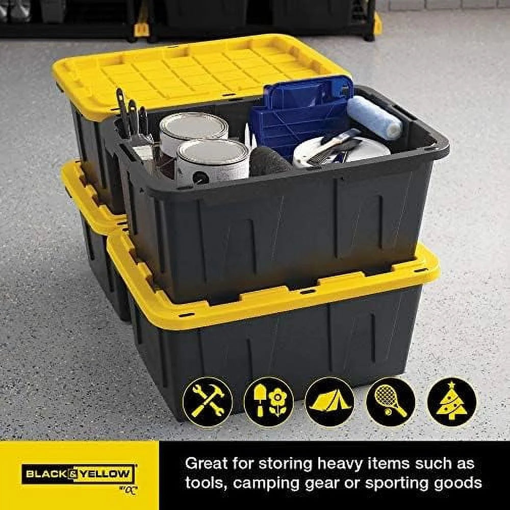 BLACK & YELLOW 27-Gallon Heavy Duty Tough Storage Container & Snap-Tight Lid (14.3"H x 20.6"W x 30.6"D) Weather-Resistant Design and Stackable Organization Tote [4 Pack] – Stackable Organization for Flexible Room-to-Room Use