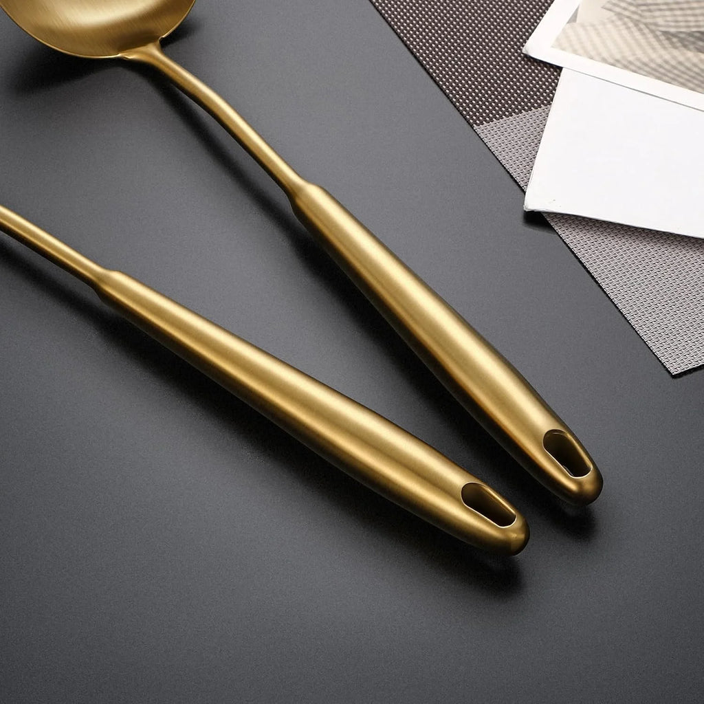 304 Stainless Steel Cooking Utensils,6 Pcs Kitchen Cooking Utensils Set with Spatula Solid Spoon Ladle Skimmer Spaghetti Spoon,Dishwasher Suitable(Gold) – Durable Stainless Steel Construction for Flexible Room-to-Room Use