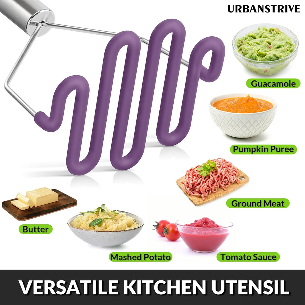 Scratch-resistant silicone potato mash maker kitchen tool stainless steel outer layer wrapped with durable silicone. – Durable Stainless Steel Construction for Flexible Room-to-Room Use