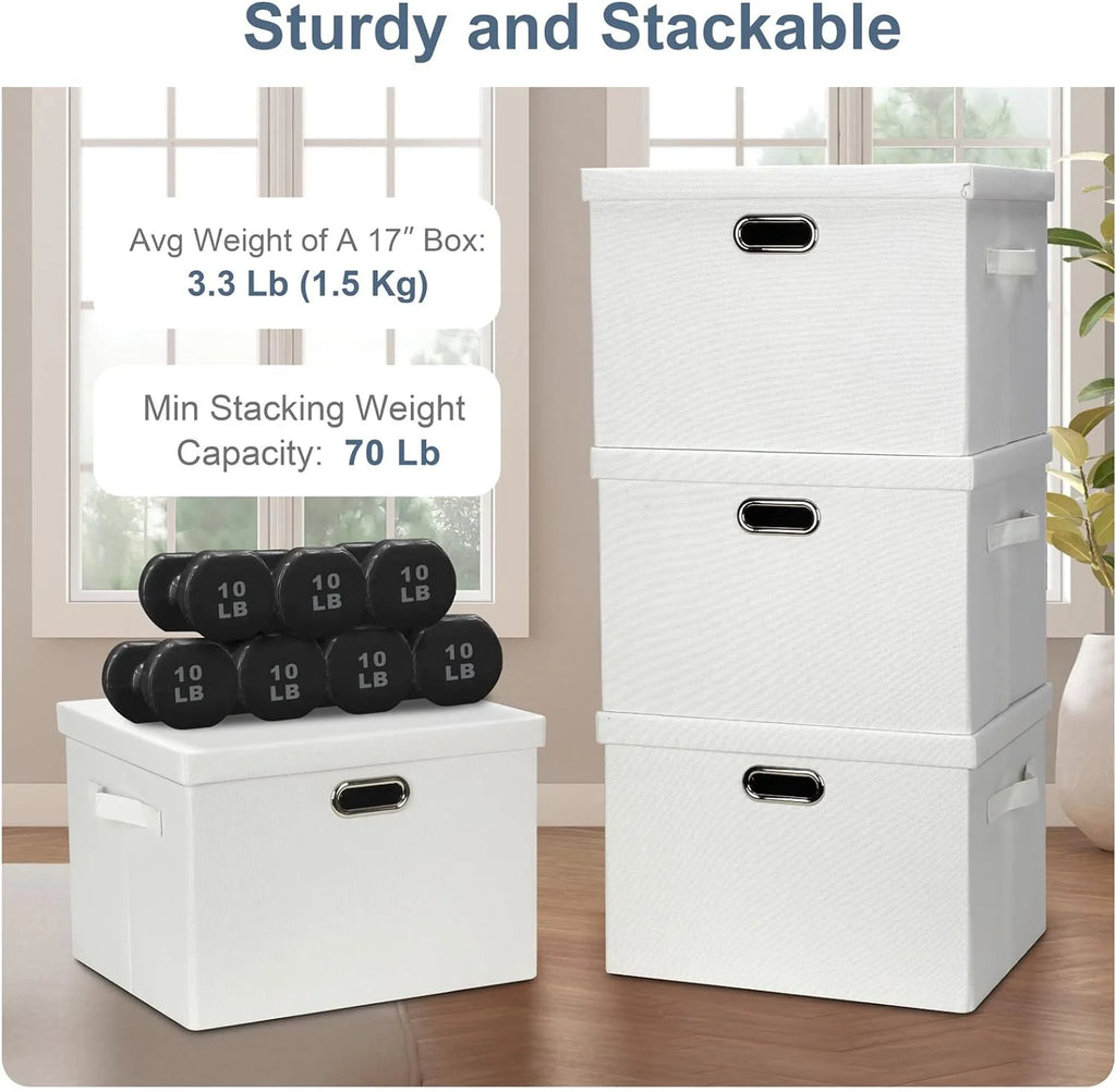Large 17" 36 Quart Collapsible Stackable Storage Bins with Lids 3 Packs White Linen Fabric Closet Boxes with Lids Storage Cube Baskets Container Organizers for Bedroom Office(17 x12 x11) – Everyday Household Format for Flexible Room-to-Room Use