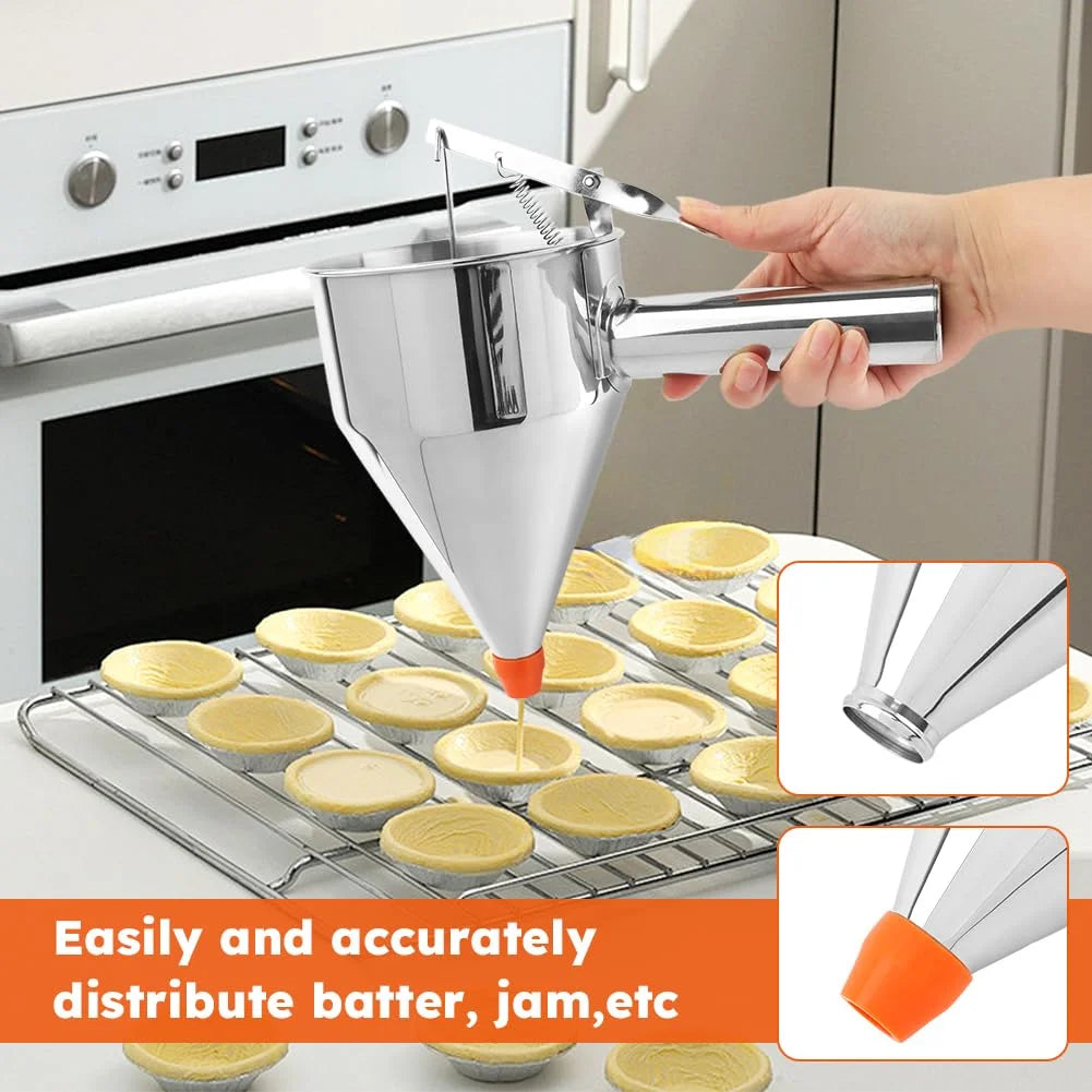Stainless Steel Pancake Batter Dispenser with Squeeze Handle Kitchen Funnel Tools Pancake Dispenser for Pancakes Cupcakes Takoyaki and Baked Goods – Convenient Carry Handles for Flexible Room-to-Room Use