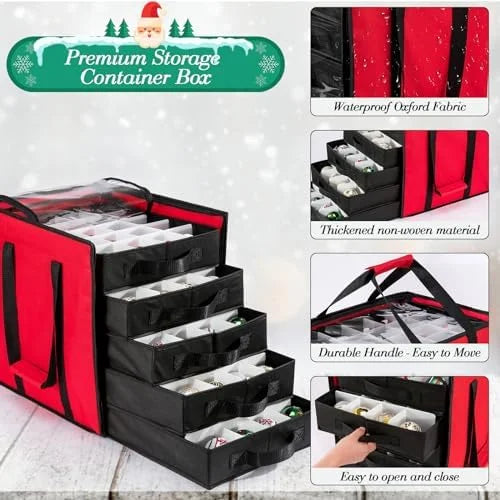 Christmas Ornament Storage Containers -Holds Up to 100 Holiday Ornaments with 5 Removable Trays Large Storage Box with Clear Covered Top & Sturdy Handles – Clear-View Organization for Flexible Room-to-Room Use