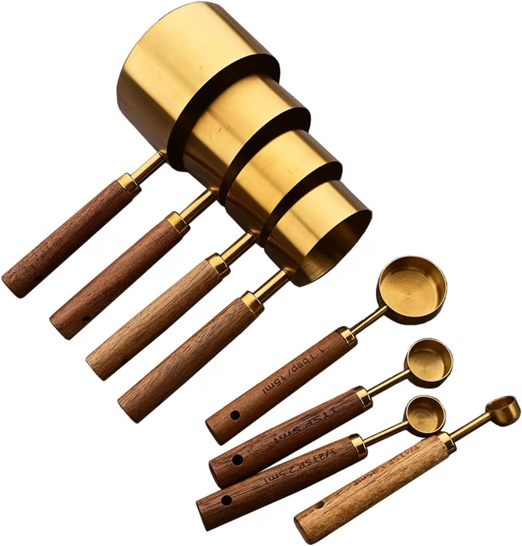 8 pieces Golden Measuring Cups Set and Measuring Spoons Set with Scale Wooden Handle Stainless Steel Dry & Liquid Measuring Cup for Cooking Baking – Convenient Carry Handles for Flexible Room-to-Room Use