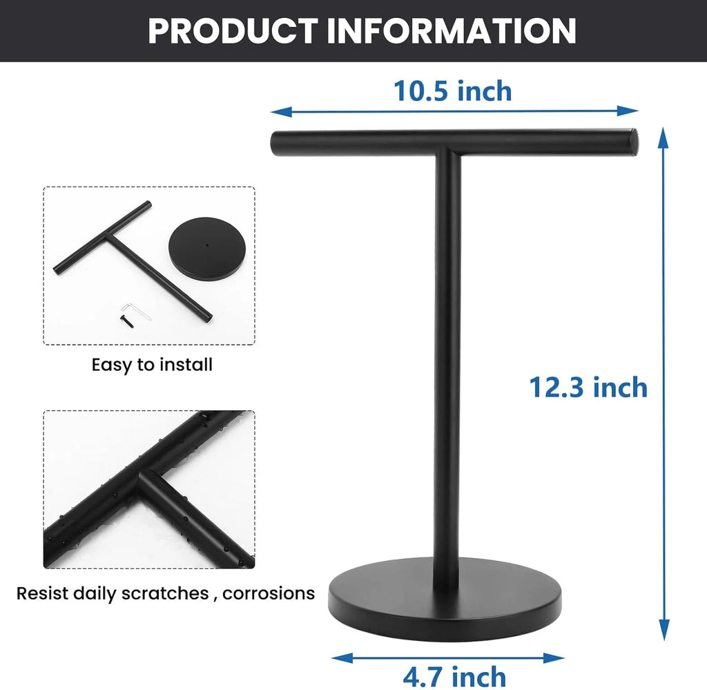 T-Shape Bath Hand Towel Holder Stand Stainless Steel Free Standing Hand Towel Rack with Heavy Base for Bathroom Kitchen & Countertop Matte Black – Durable Stainless Steel Construction for Flexible Room-to-Room Use