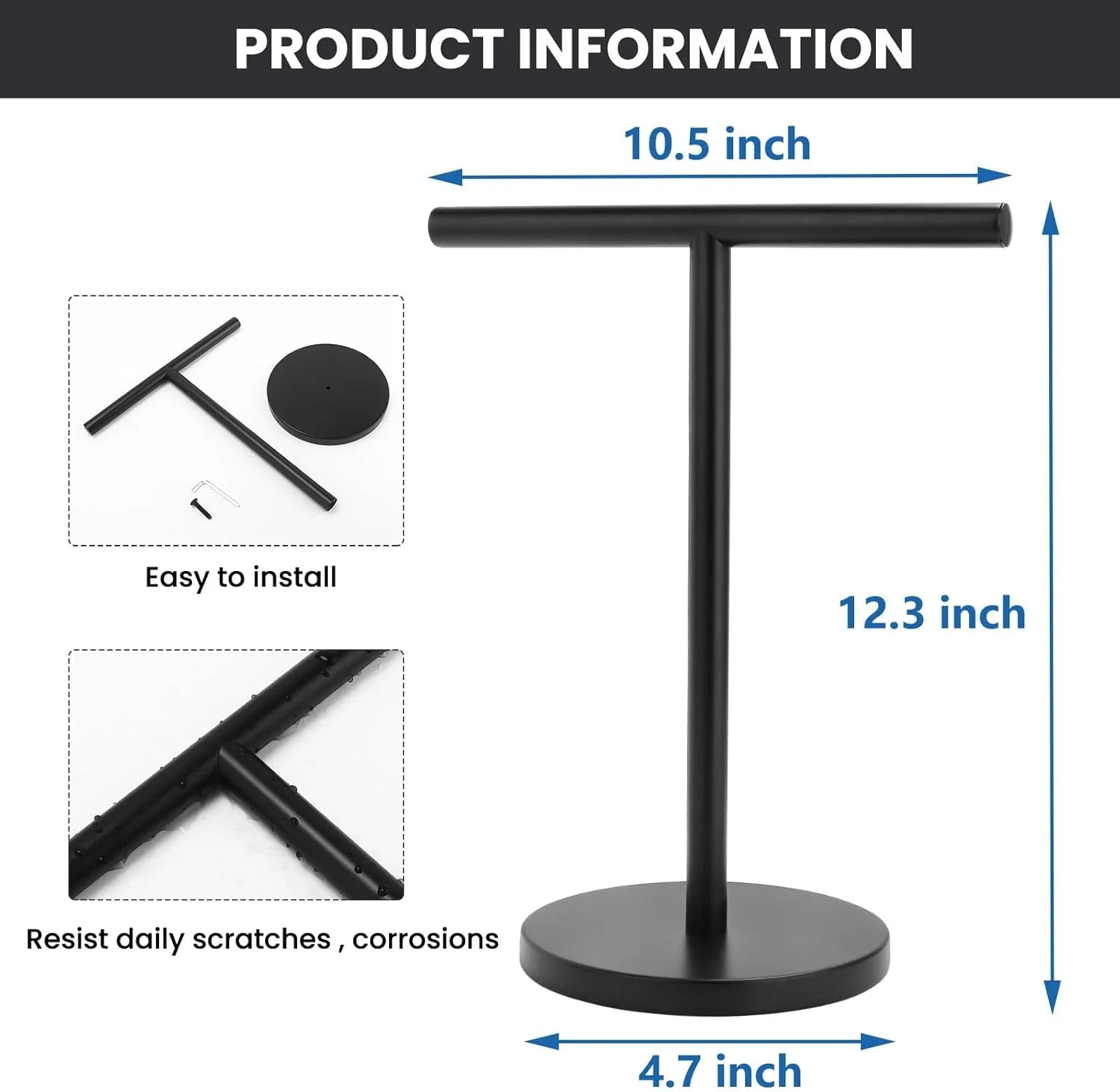 T-Shape Bath Hand Towel Holder Stand Stainless Steel Free Standing Hand Towel Rack with Heavy Base for Bathroom Kitchen & Countertop Matte Black – Durable Stainless Steel Construction for Flexible Room-to-Room Use
