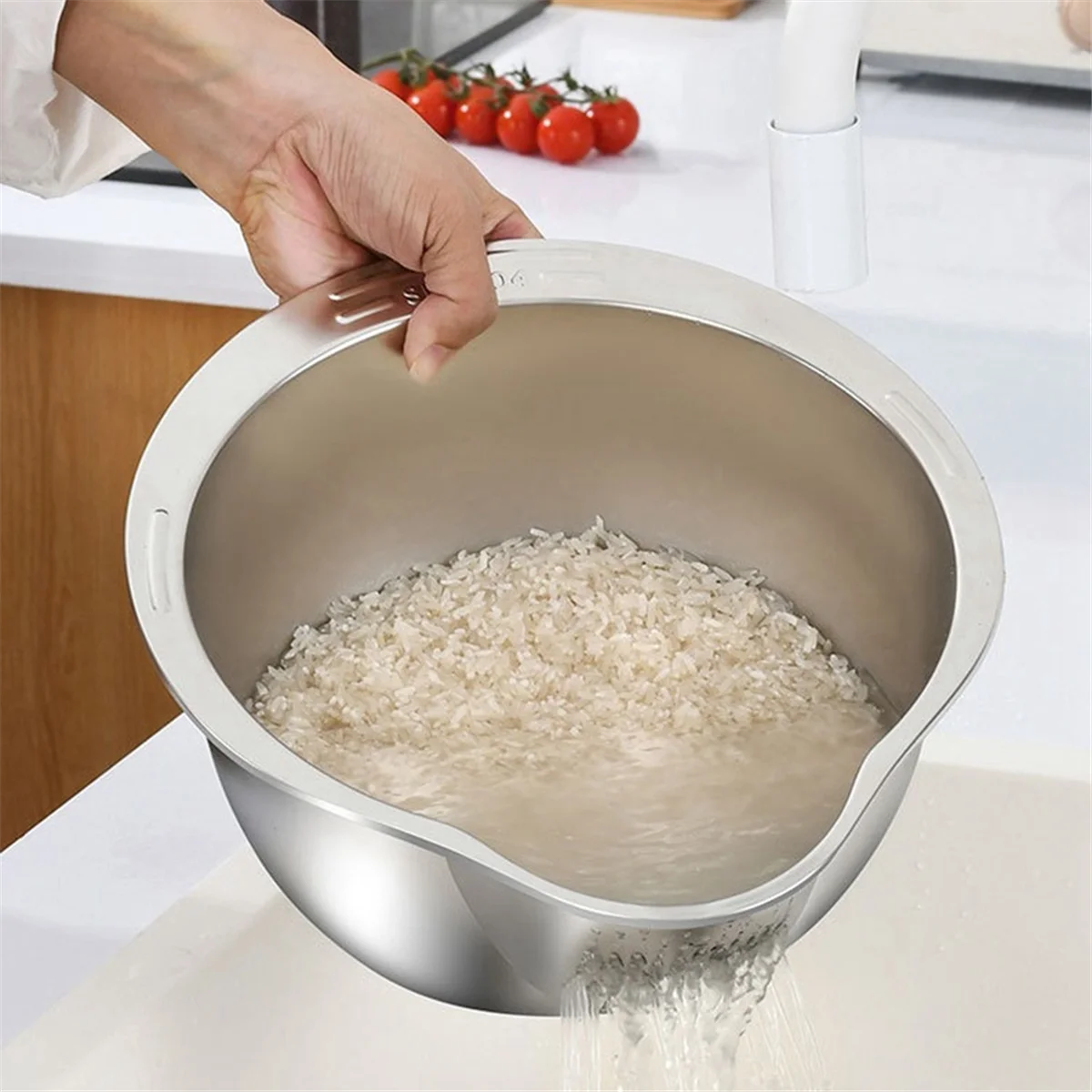 Rice Washer Strainer Bowl Stainless Steel Washing Colander Fruit and Vegetable Kitchen Tool A – Durable Stainless Steel Construction for Flexible Room-to-Room Use